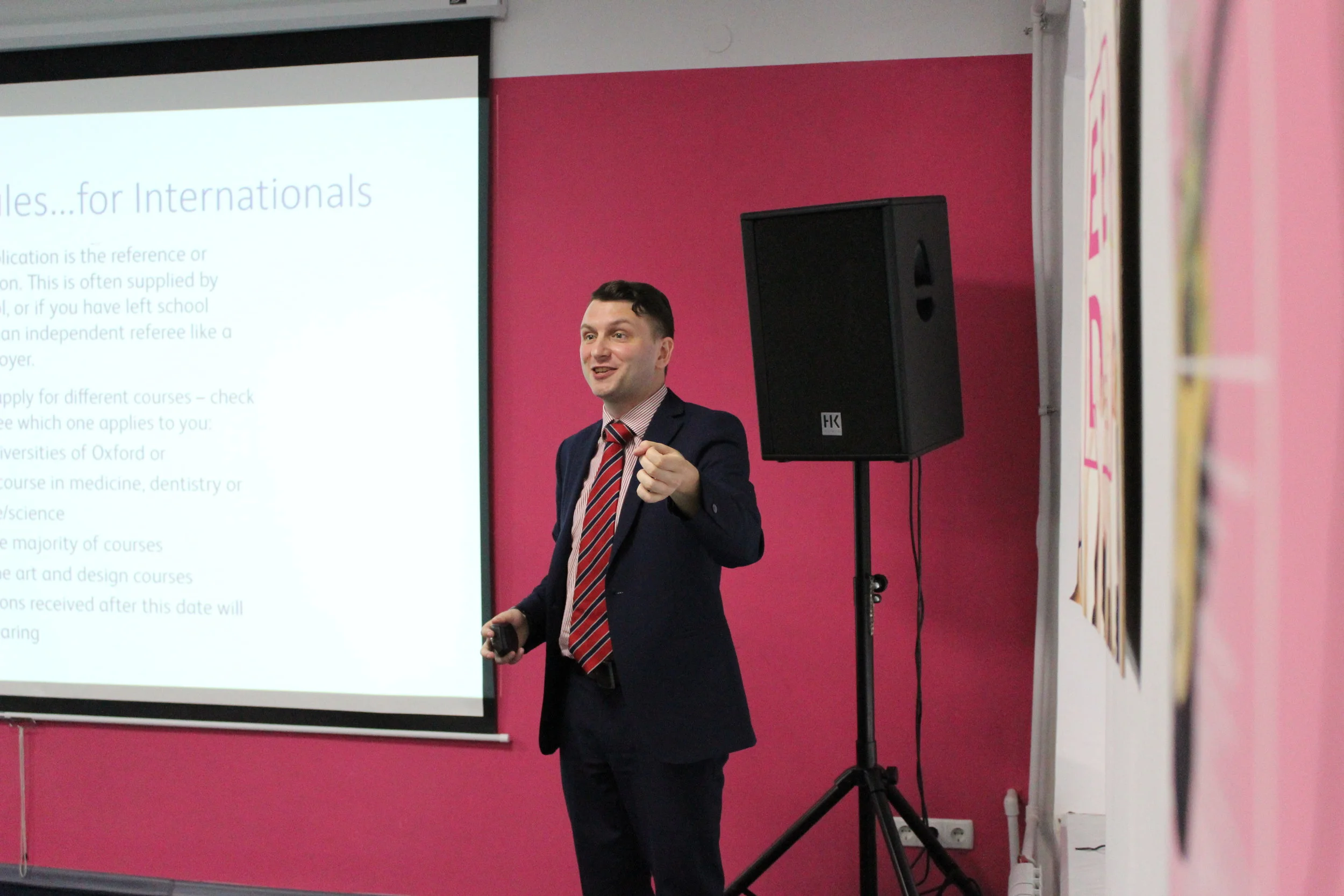  Peter J Cribley delivers an educational presentation for Ukrainian students interested in studying in the UK, with guidance on applications and funding. 
