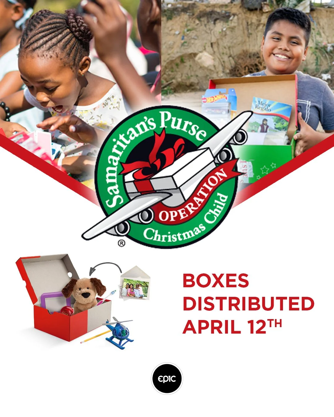 Operation Christmas Child 🎁

We&rsquo;re excited to partner with Samaritan&rsquo;s Purse to share the love of Jesus with children around the world through Operation Christmas Child shoeboxes.

📦 Boxes will be distributed on April 12
📦 Filled boxes