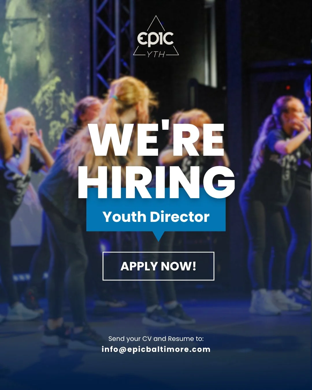 We are looking for a dynamic YOUTH LEADER!
PT Position 15-20 hours a week
Minimum of 2 years experience working with youth 
Send resume to info@epicbaltimore.com
