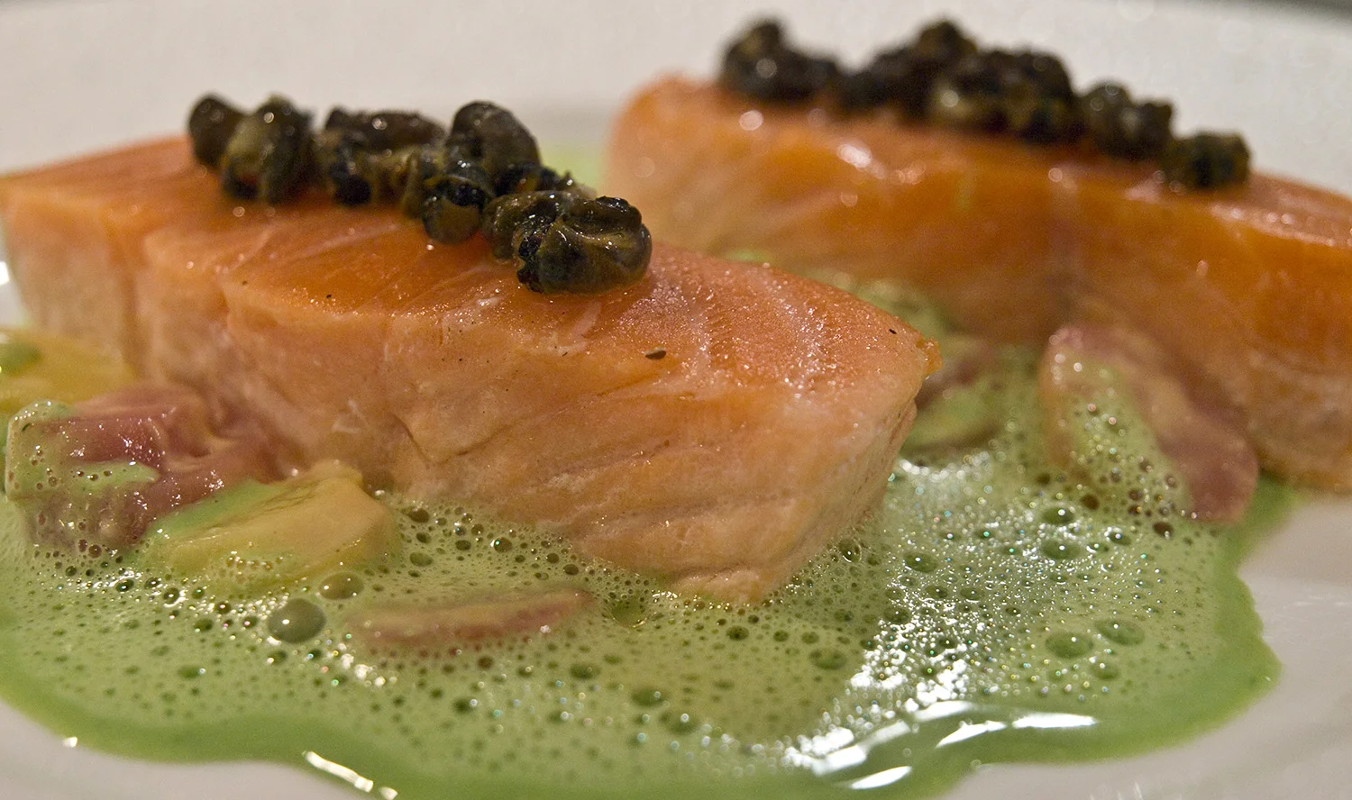 Barely Cooked Wild Salmon; Braised Burgundy Snails; Heirloom Potatoes, Sweet Garlic Parsley and Pernod Scented Sauce From Le Bernardin 