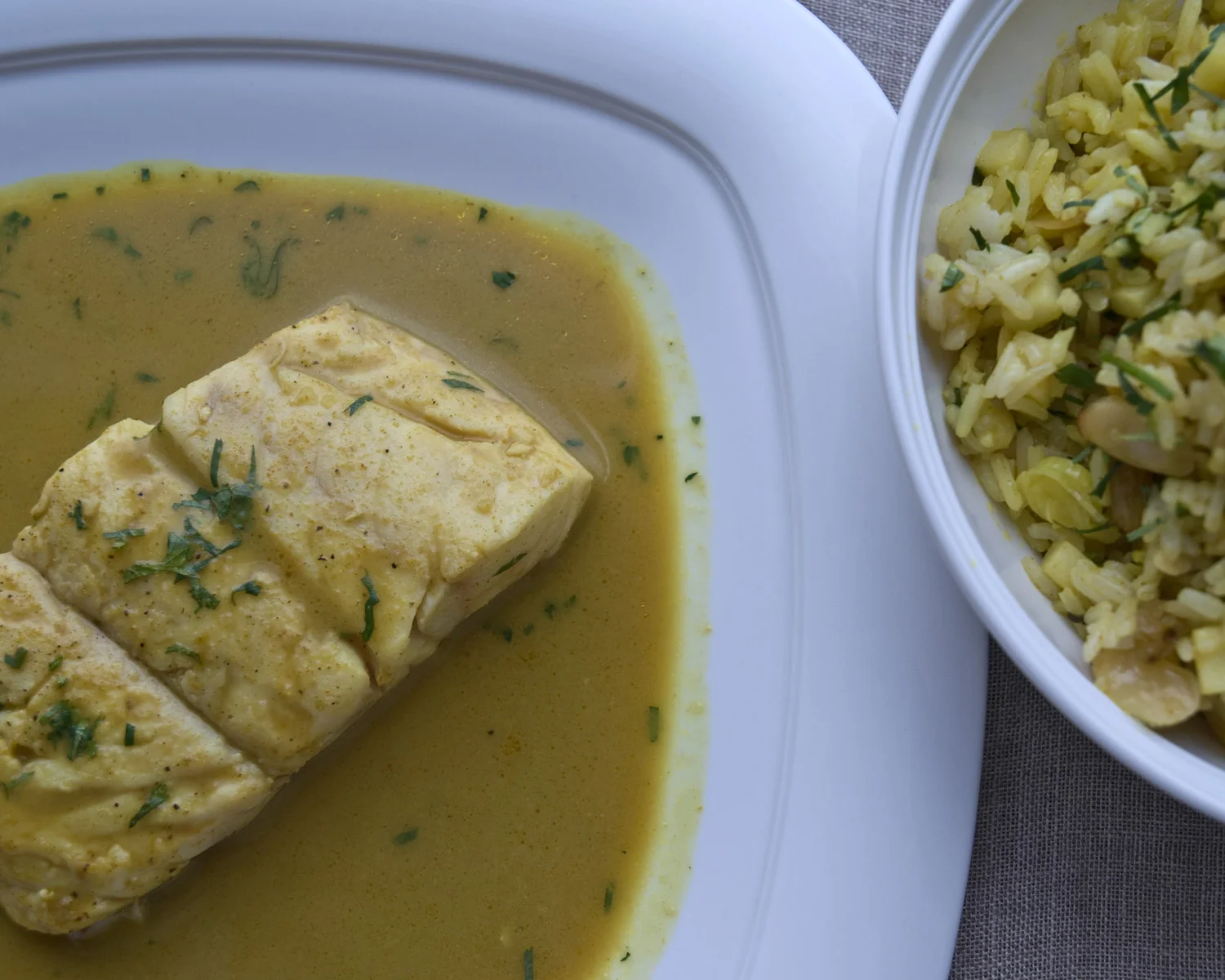Snapper in Coconut Curry Sauce with Tropical Fried Rice