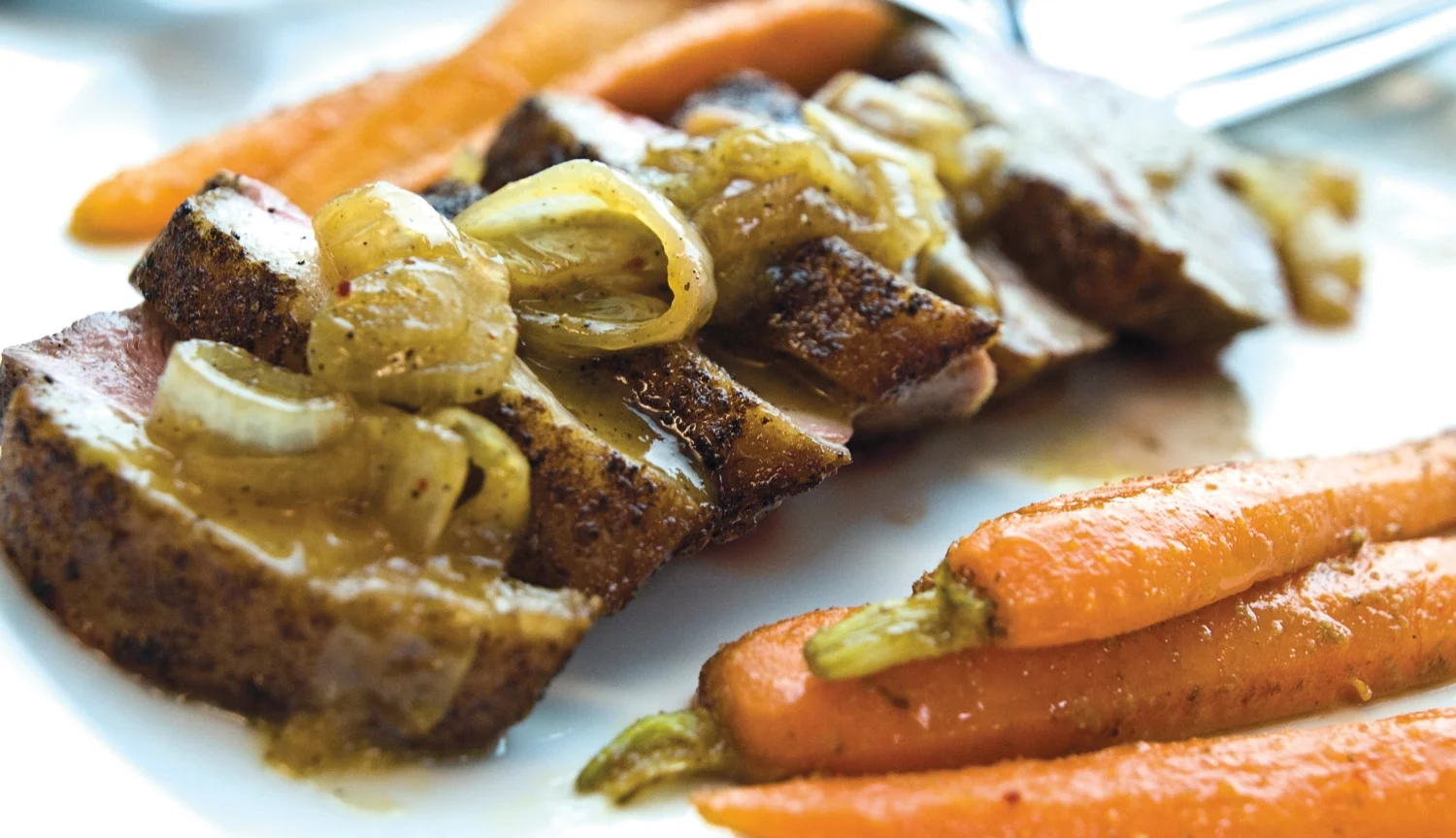 Spice Crusted Duck Breast with Orange-Honey Glaze and Cumin Scented Carrots