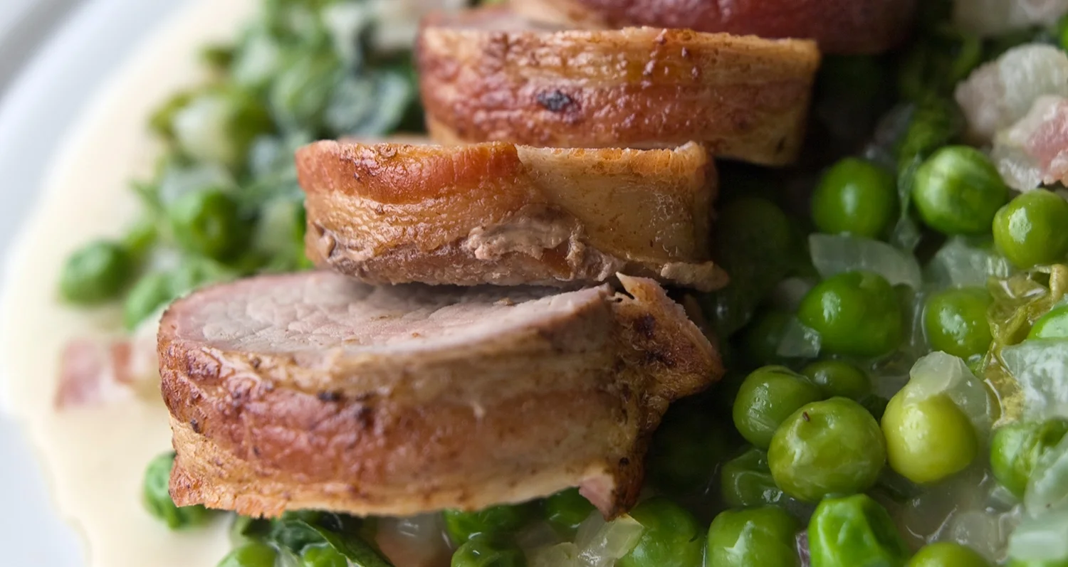 Bacon Wrapped Pork Tenderloin with Peas “a la Francaise”