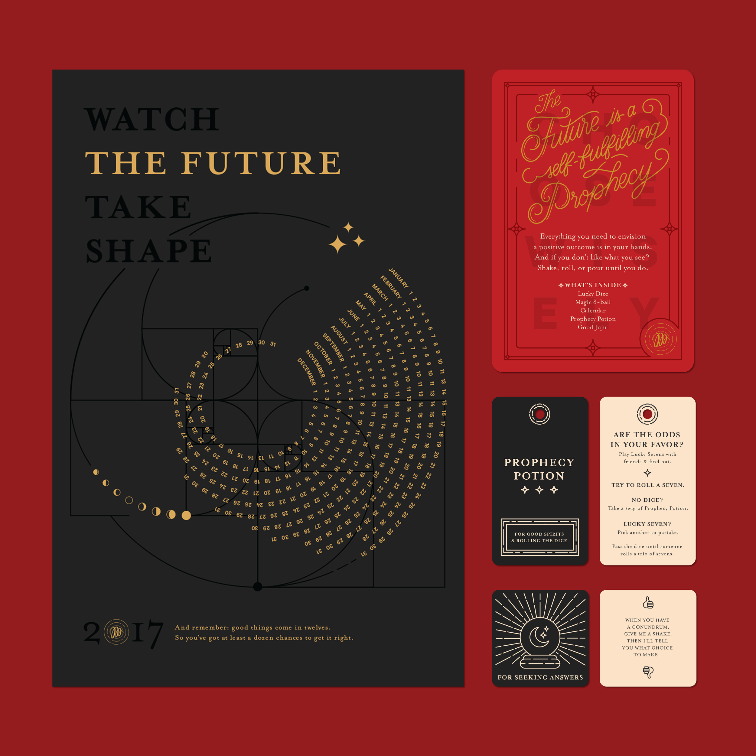 Printed collateral: screen printed calendar, letterpressed greeting card, liquor hangtag, magic 8ball insert card