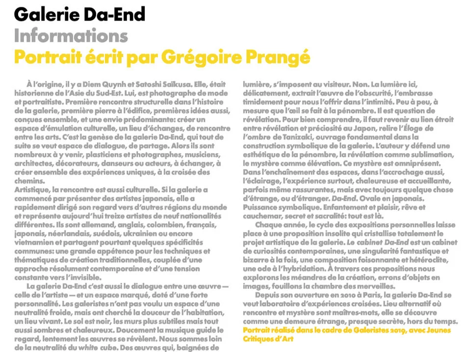 Septembre 2019 Par Grégoire Prangé Article sur Galeristes
