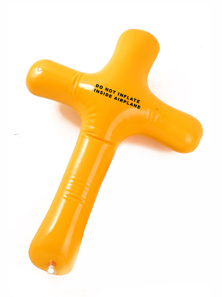 2001 to 2011 Rubber Dimensions variable Over approximately 10 years, Sebastian ErraZuriz hid inflatable crosses underneath his seat on every commercial flight he took. The inflatable crosses were left next to the standard safety vest provided by the airline, as a complementary emergency aid of a more spiritual manner. In his characteristic ironic atheist humor, ErraZuriz explained that he had faith that his crosses being inflatable might actually have the miraculous capacity to help save someone’s life.