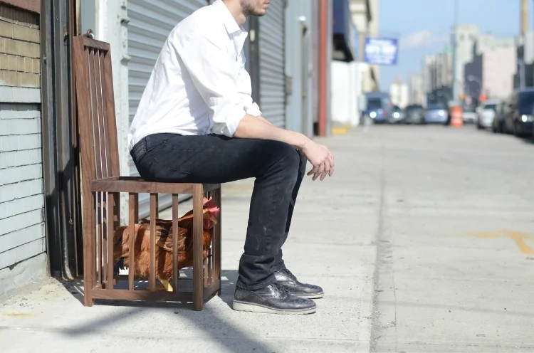 2012 Walnut wood and live chicken Dimensions variable As Sebastian Errazuriz explains, the concept for the Chicken chair came out of the blue. « I drew it on the back of a business card and showed it to my wife and friends, but they all thought it was a dumb. Despite their remarks, I was obsessed with the little drawing of my chicken chair and continued to carry it around with me in my wallet. I’m not quite sure why I loved the chicken chair. Perhaps it brought back memories as a child in South America, seeing chicken running around the dirt in someone’s backyard. Maybe it reminded me of Fantastic Mr. Fox by Roald Dahl. Errazuriz has been known to create furniture pieces that incorporate conceptual and sculptural themes into functional design, and to explore existential themes of life and death. « I have used bird taxidermy in my furniture many times, but never a live bird. There was something very beautiful about the idea of bringing life into a lifeless furniture piece. If wooden strips are commonly used in the back rest of the chair, why couldn’t those same strips provide a ceiling for the space under our legs, creating a cage for a live animal ? In my mind it made sense ; it seemed so beautiful and obvious, yet simple. » The artist knew he wanted to make home for a chicken, as opposed to a raccoon, rabbit, or dog—animals that don’t really belong caged under a chair. He pictured the need to sit on the chair in addition to just placing the cage above the chicken, in order to avoid the often-frenzied chicken from toppling over the chair and escaping. « This is where you get a tension that fascinates me. Sitting on top of a pecking chicken in order to keep it from escaping seems pretty unsettling : all that ruffling of feathers and nervous squawking, plus, the thought of getting your legs and butt peeked. It reminded me of the fighting cocks I had seen in Indonesia, kept trapped under giant wicker baskets until their next flight. » Chickens are most commonly seen skinned and cellophane-wrapped in the supermarket isle. If the US population consumes more than 8 billion chickens a year, that’s roughly 20 million chickens per day, equating to 250 chickens killed per second. « I like eating chicken, » says Errazuriz, « but I also want people to be aware of how they live and be aware of the consequences of the little choices they make each day. I would like for people to see one live chicken once more in their life, to find it both uncomfortable and beautiful at the same time. I see the Chicken chair as a simple but beautiful furniture piece, an exercice in awareness, a chair that literally comes to life and assumes a new function poking, and squawking questions at us. »