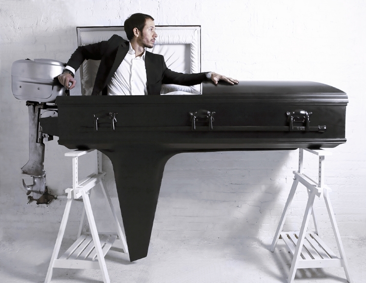 2009 Modified coffin, lacquered wood, leather, stainless, rope, nautical hardware, rope, blanket, gas tank, and flashlight 54 x 83 x 22 1/4 in (137,2 x 210,8 x 56,5 cm) coffin 33 x 28 3/8 x 66 3/8 in. (83,8 x 72,1 x 168,6 cm) base Boat Coffin was created to allow the user to take a voyage to the next world. It allows the “sailor” to say goodbye to his people on shore, and then go off on his own into deep seas and open skies, in a custom reminiscent of the funeral traditions of Egyptians and Vikings. The Boat Coffin has a functional motor and a plug on its side so the user can let the water sink the boat once he or she is ready to go. Boat Coffin is one of ErraZuriz’s personal favorites, and is part of a long series of maquettes and sketches realized over the past decade. He believes that, if given the opportunity to be warned by his doctor that he has a couple of weeks left to live, he would rather cut that time short, say goodbye to his people, and go down under his own terms. “Life is short, and if I know I’m about to die, I’d rather take my own life and go down in style, shouting to the heavens to go fuck themselves.”