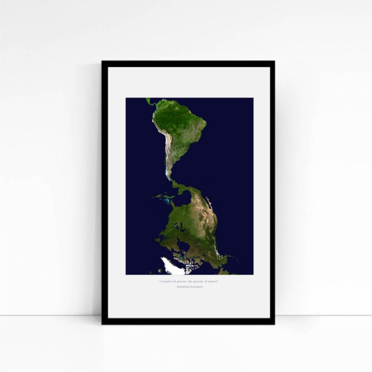 2010 Offset ink on 50 lb paper 22-1/2 x 30 in (57,2 x 76,2cm) Sebastian Errazuriz was commissioned by art critic Adam Kleinman to create a print that would tackle the subject of Pan-Americanism. Errazuriz’s print alludes to fellow Chilean artist Alfredo Jaar’s famous artwork showing a map of the United States, titled This Is Not America. Errazuriz’s inverted continent calls attention to the historic dismissal of South America by North America, and the image seems to warn that everything could eventually collapse into its own weight.