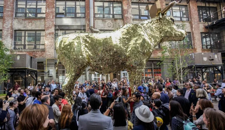 2014 Wood, foam, metal, Mylar, Dollar bills. 15 x 24 x 5 foot (4m57 x 7m32 x 1m52) Titled “XXTH CENTURY CAPITAL” the giant golden piñata was not only a representation of the Gold Calf worshiped in the Bible; but also had a close resemblance to the Wall Street Bull. As if this wasn’t enough, ErraZuriz proposed that instead of being filled with candy, his Giant Piñata instead be filled up through the butt with real dollar bills. “I wanted to create a piece that could part of a celebration. Coming from South America, most kids had birthday Piñatas filled with candy. It occurred to me that it would be amazing to build a giant piñata that could be hung between buildings and invite young designers to grab some sticks and have a go at it during the party.” “I wanted to create a simple piece that could be part of a fun celebration and yet also offer other more interesting readings. The piece hints at the Capital system as an idol that we have worshiped for decades and is unfortunately proving to be false. There’s an urgent need for corrections to the Capital system that can offer a more fair redistribution of wealth. The cash cow needs to be smashed but we must be careful not to replace it with more of the same." ErraZuriz's Giant Piñata functions as a playful warning: the masses of people that will destroy the Piñata as a symbol of capitalism will be the same who, moments later, will ironically be scrambling to fight for the money falling out. The piece like many of Sebastian's works offers several interpretations and here not only represents a criticism to the Capitalist system but also offers a quick portrait of how greed can swiftly affect us. Ultimately despite the tongue in cheek social critique, ErraZuriz warns, that his piece is a celebratory work: "As much as I like layering and distilling concepts into simple ideas, at the end of the day, this is just one Giant Piñata that will be fun for everyone to enjoy.