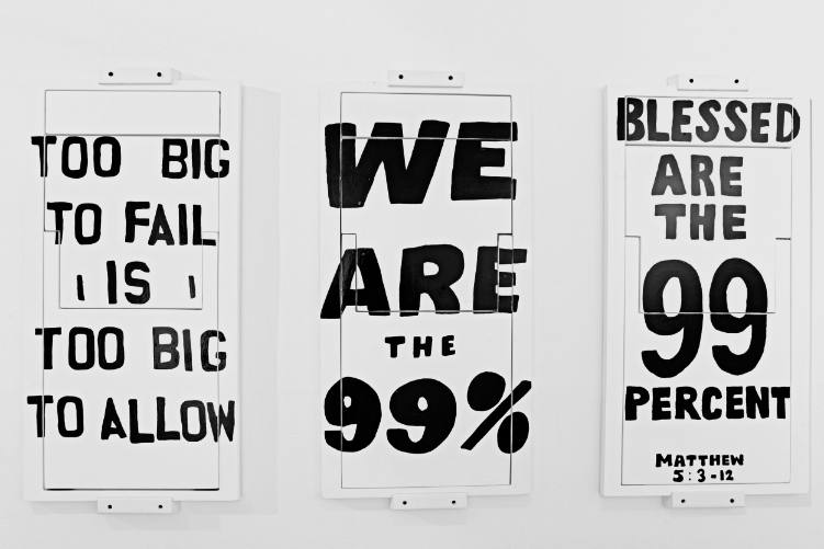 2012 Lacquer and acrylic on plywood 341/2 x 18 x 1 in. (90.2 x 45.7 x 2.5 cm) The original Occupy Chairs were first designed by Sebastian to work as a complaint sign during the day that would fold out as a chair for the protesters to use next to their tents at night. The second stage of the project was to create an attractive pop version of the Occupy Chairs that could work as a Trojan horse for the 1%. Now camouflaged as a glamorous art-objects the Occupy Chairs where presented next to modern art masterpieces at the 2012 NY Armory Art Show in an attempt to get the collectors of the 1% to purchase the signs and take them home; where those signs would later hopefully start questioning their owners from within. The chairs walk the boundaries between art and design as a functional piece that can also fold flat and be hung on the walls to work as a painting or a sign of political and social injustice. It was the artist's intention to avoid the easy demagogy of a politically correct art project that would simply attack the rich. He was interested in illustrating how both the 99% and the 1% could be more similar than they believed if their economic circumstances where to change. This is why instead of simply pointing a finger at the collectors as the villains of the 1%, he decided the project also needed to question his own range of personal intentions and aspirations as an artist of the 99%. The press release written by the artist purposely underlined that ErraZuriz would not disclose whether he would donate 1% or 99% of the profits of the sales of the Occupy Chairs. He expressed that he didn't know if once he received the money he would stand by his ideals and donate the money to help the cause of the 99%, or keep the money for himself and give into the greed and fame of which the 1% are accused. Embracing both a selfish and selfless potential of the project in an open way ignited a much stronger and more interesting discussion on multiple news outlets, capturing a bigger complexity of thoughts and beliefs on the current wealth distribution.
