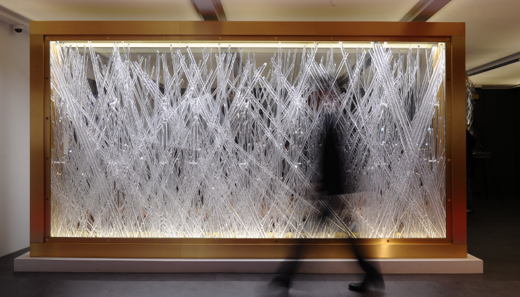 Art Basel Collector's Lounge for Audemars Piguet (Hong Kong, Basel, Miami), 2016 Taking inspiration from the ice formations and snowy landscapes in the environs of Audemars Piguet’s home of Le Brassus, the lounge will express the purity of nature and the passing of time. With water and ice as its main thematic elements, the new stand "Ice Cycle" will give form to the concept of an ice cycle as a metaphor of time. Three key components will anchor Errazuriz’s design: the icicle as a beautiful form, accumulating over time; the water drop, seen as nature’s ticking pulse; and ripples in the water, symbolizing the forward movement of new life. The drips of the melting icicles resemble nature’s pulse, like a beating of a heart or a ticking clock. The new lounge will seek to remind the viewer of a space of reflection. It will include a soundproof room enveloped with custom-designed panels adorned with patterns of icicles, stalactites, and stalagmites. The space functions as a private vault, with a chiming timepiece at its core. The façade of the lounge will include a striking ice tank, composed of illuminated acrylic rods which will flash to mimic the regular rhythm of a heartbeat.