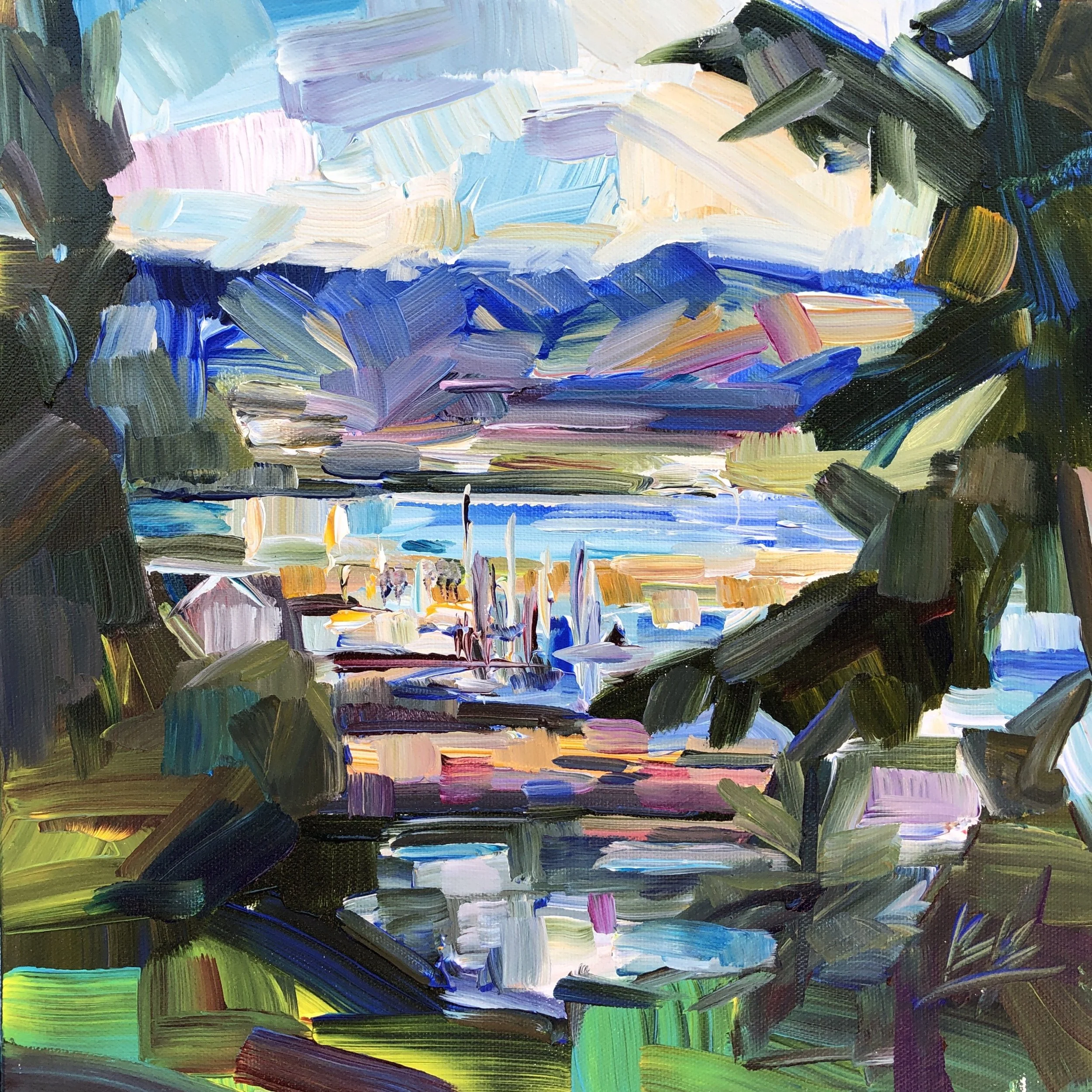 Overlooking Ilwaco Marina (plein air), 12x12, acrylic, July 2019
