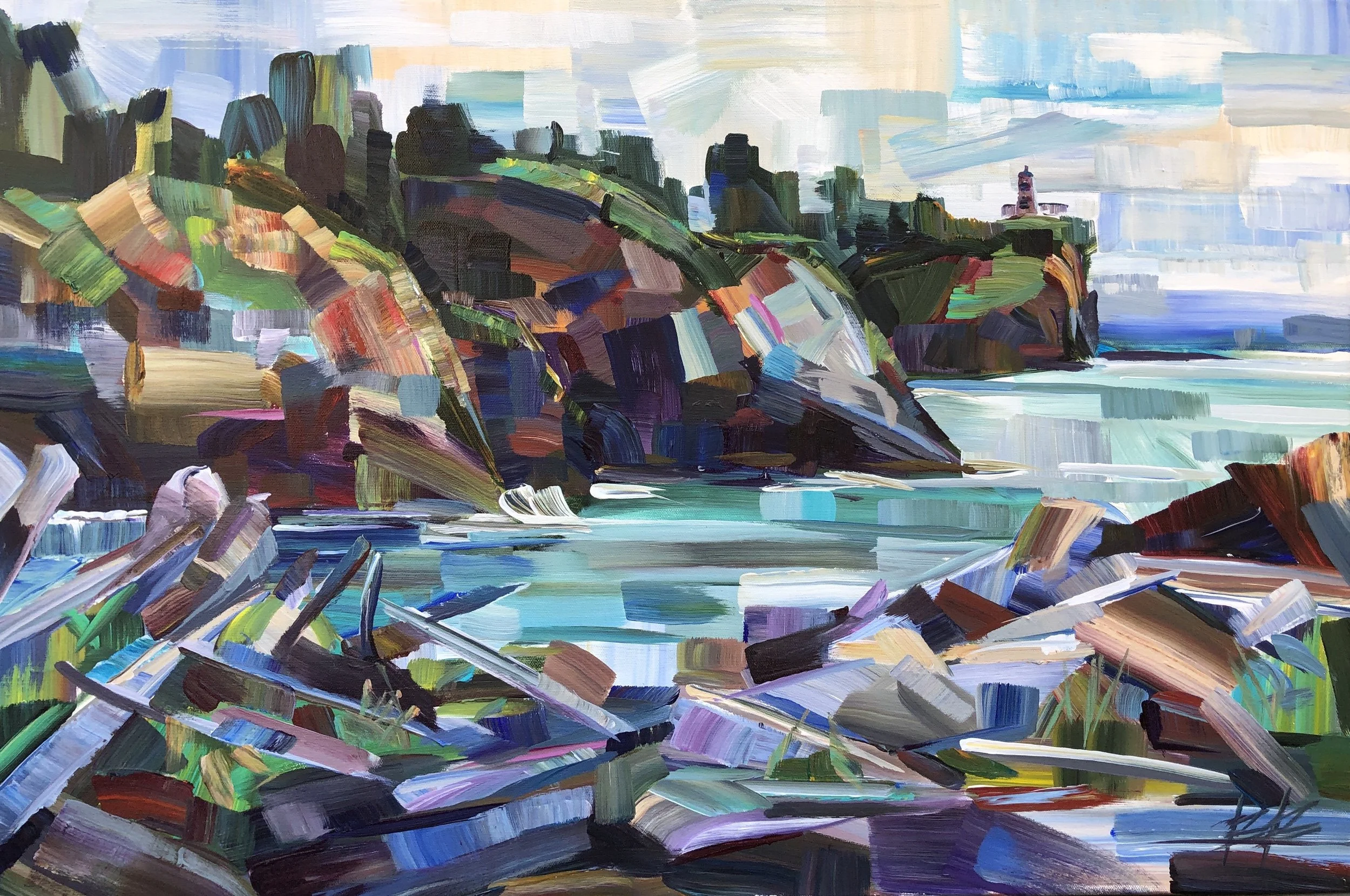 Morning Driftwood (Waikiki Beach Cape Disappointment plein air), 24x36, acrylic, July 2019