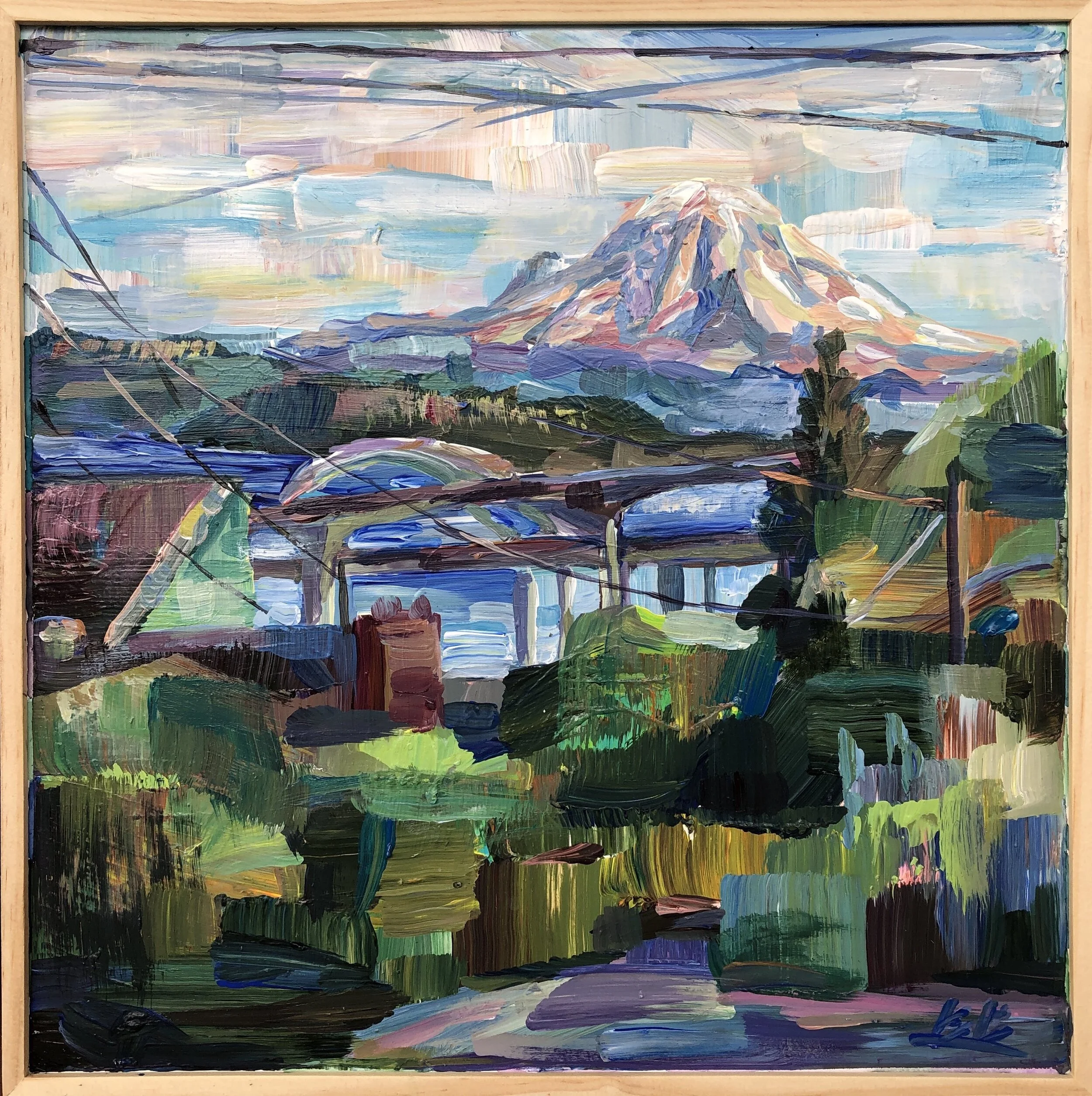 Through the Wires and Over the Bridge, 12x12 acrylic plein air 2020 Sold