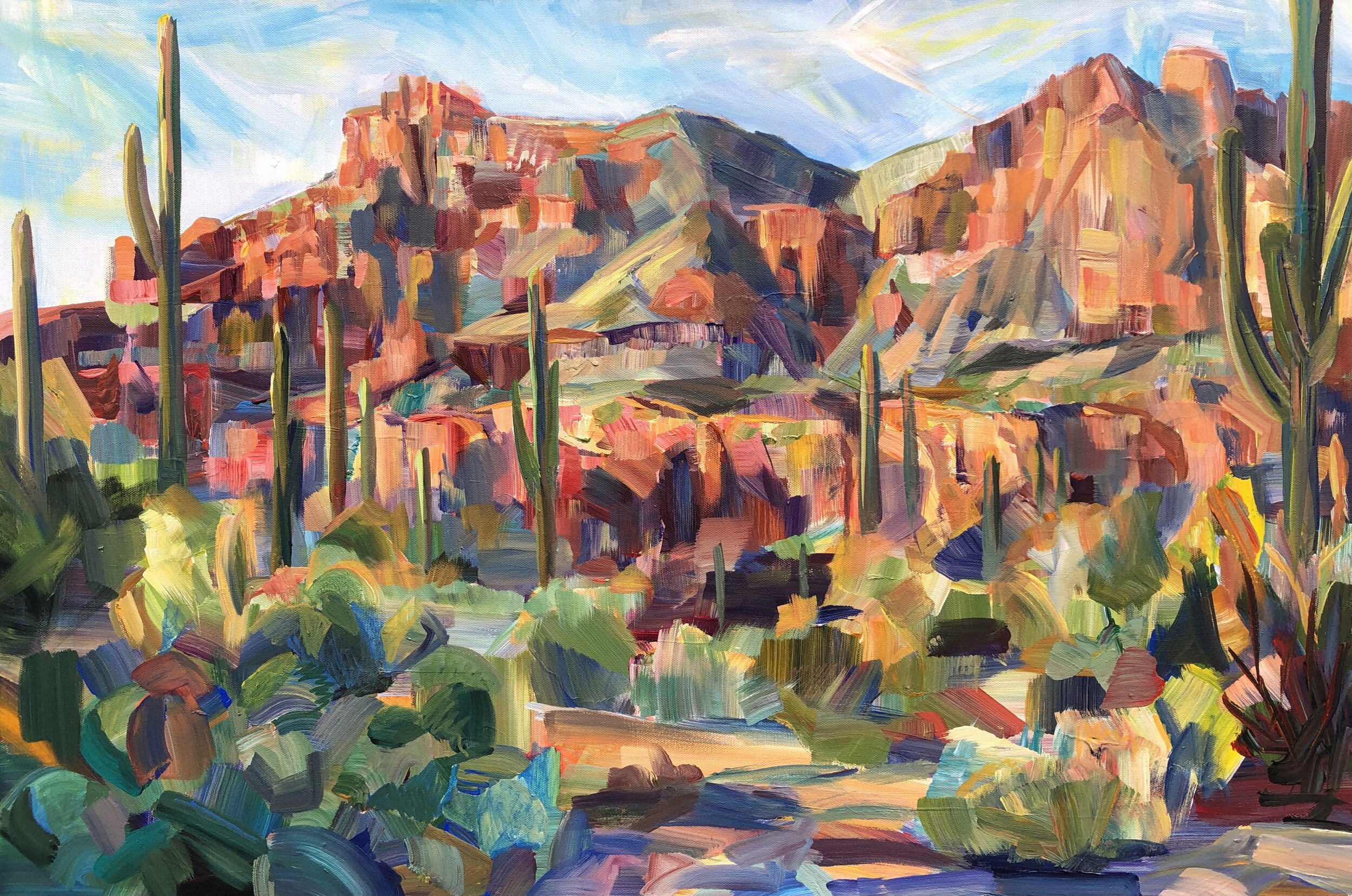 Warmth Among Cliffs and Spines, 24x36 plein air acrylic Feb 2021, SOLD