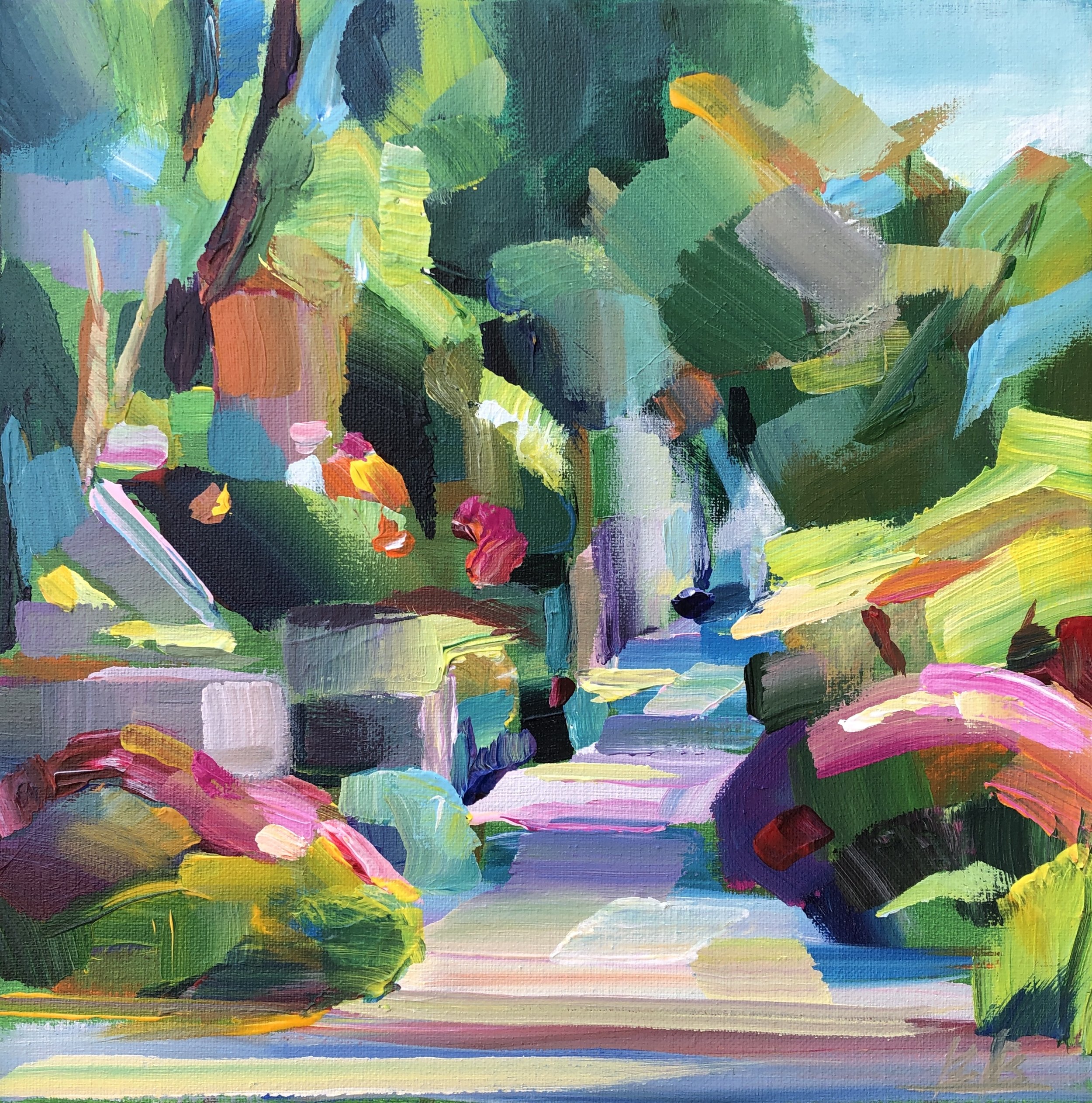 Sidewalk Sundance, 12x12 acrylic plein air, framed $495