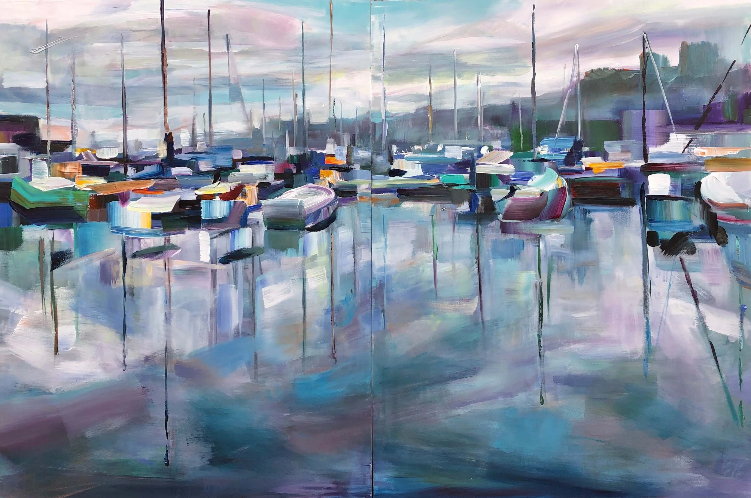 Lines Over Quiet Waters, 40x60 acrylic diptych two 40x30x 2" panels, $5500
