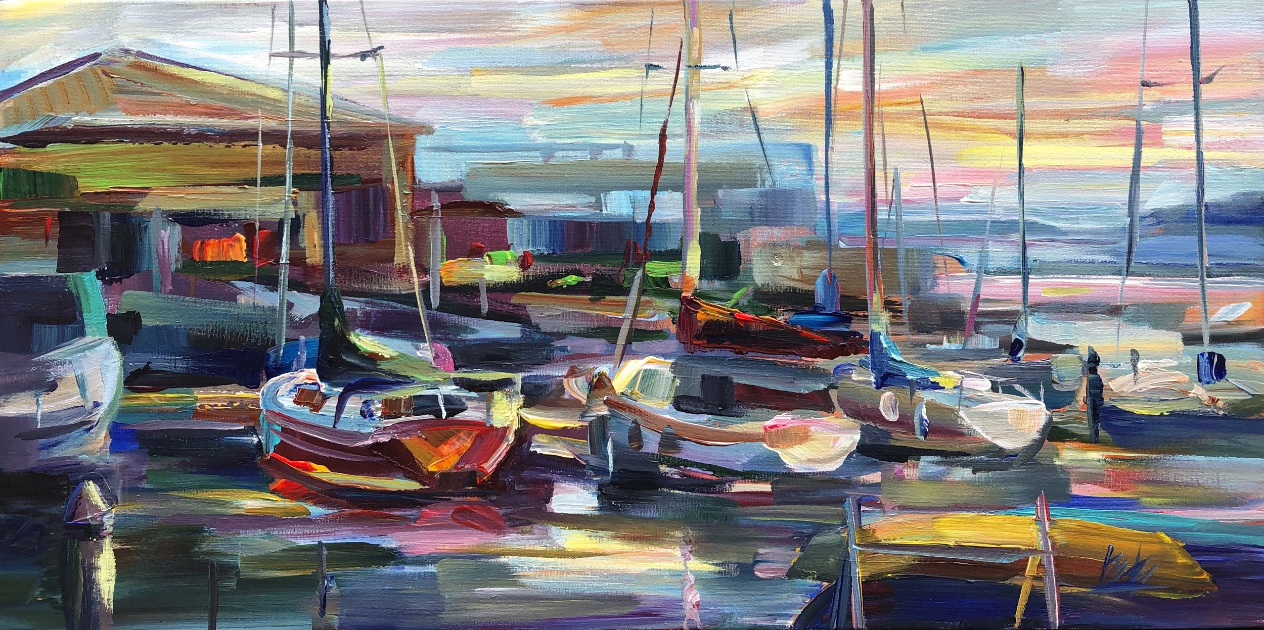 Sunset Boats, 15x30 acrylic plein air, $1250 framed