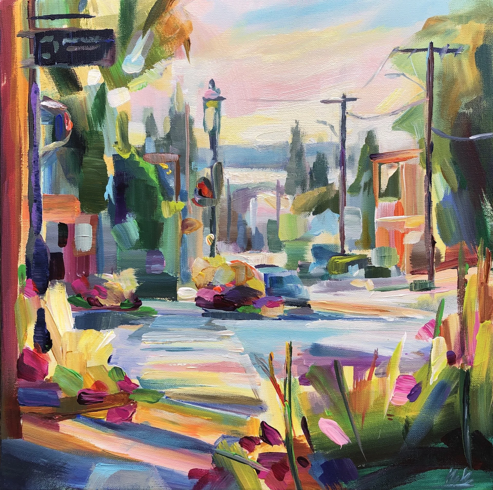 Flower Crossing, 18x18 acrylic plein air on 1.5" canvas, $850 (Available at Cole Gallery, Edmonds)