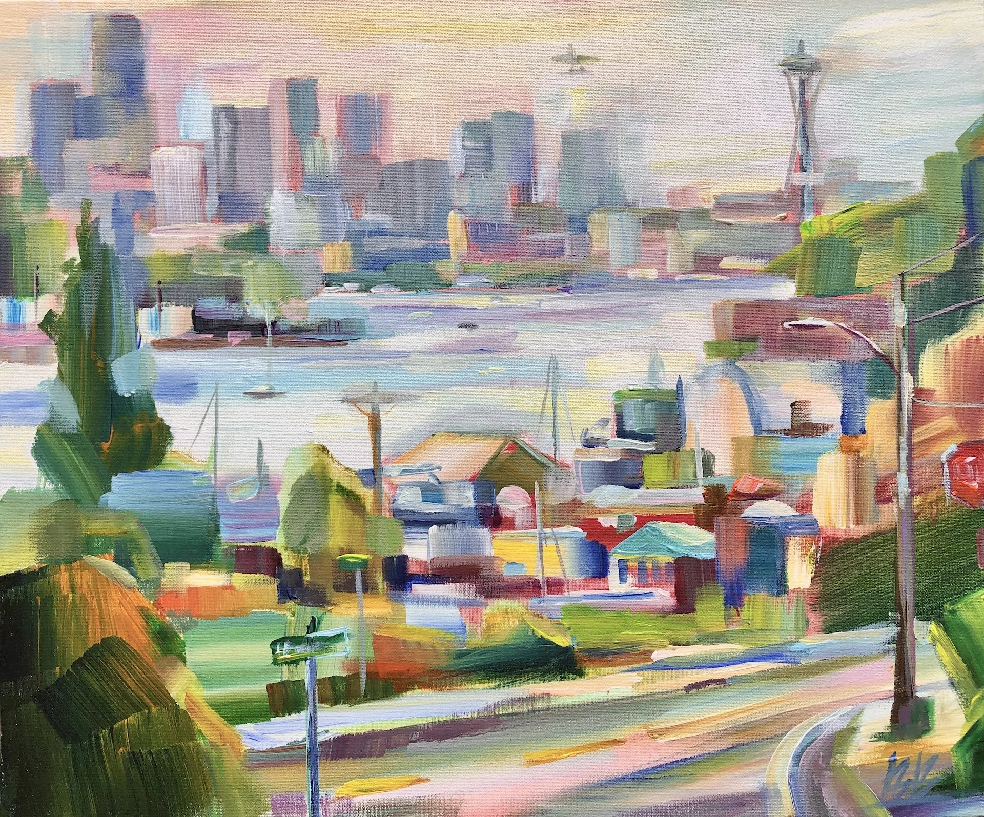 Lake Union Life, 20x24 acrylic plein air on 1.5" canvas, $1450