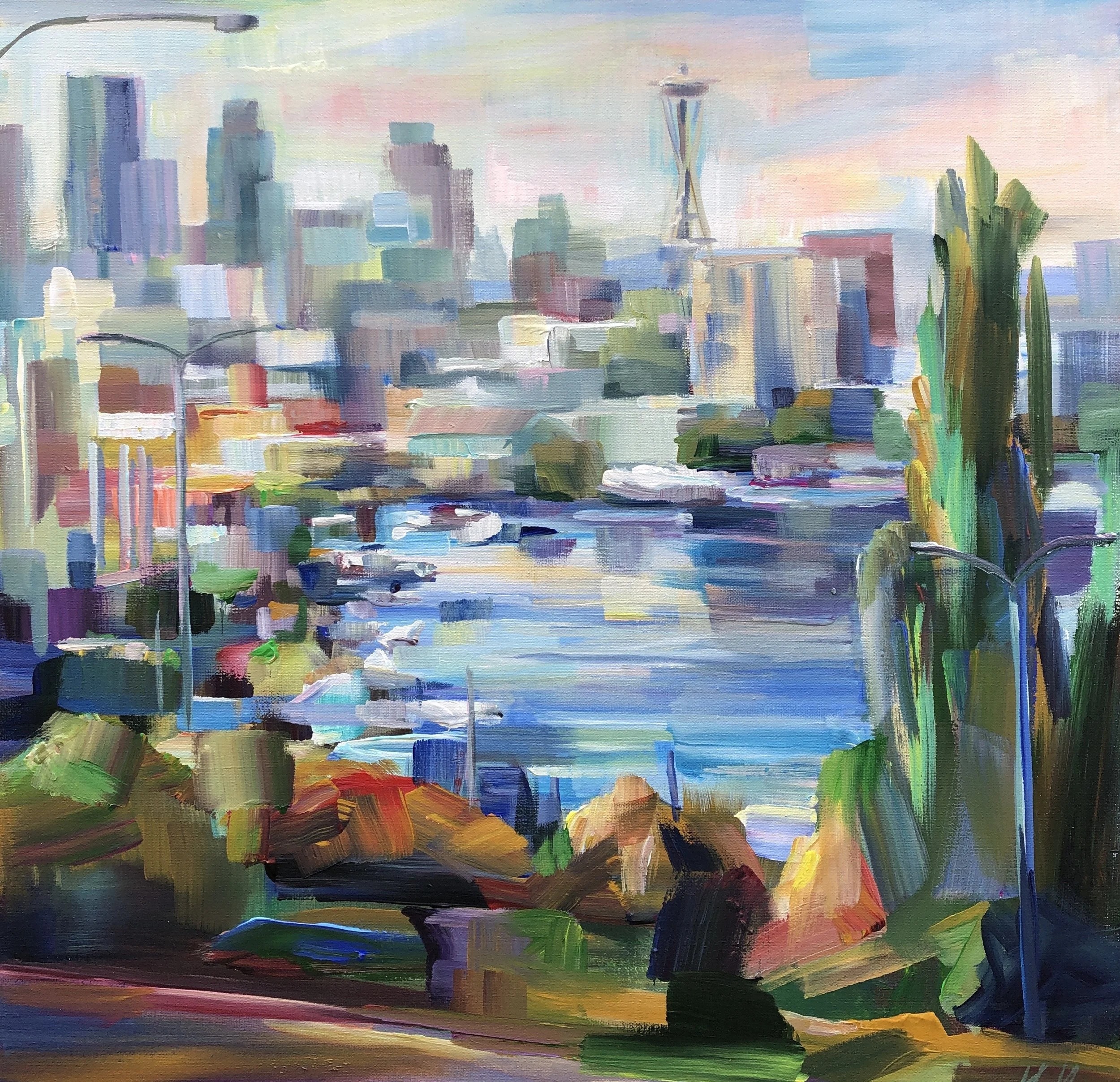 Fall Over Lake Union 3, 24x24 acrylic Plein air framed $1600