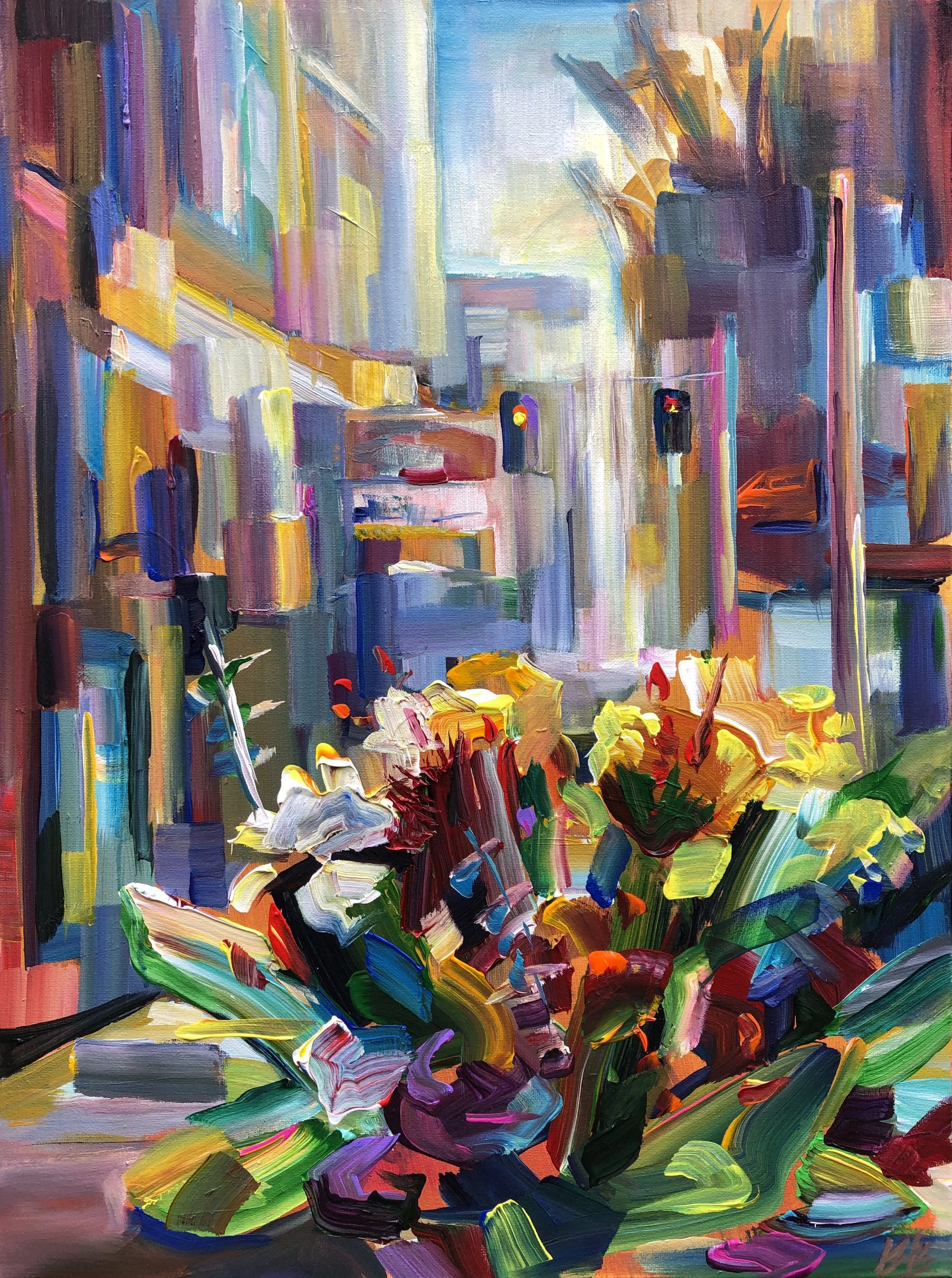Bouquet by the City, 24x18 acrylic plein air framed, $1250