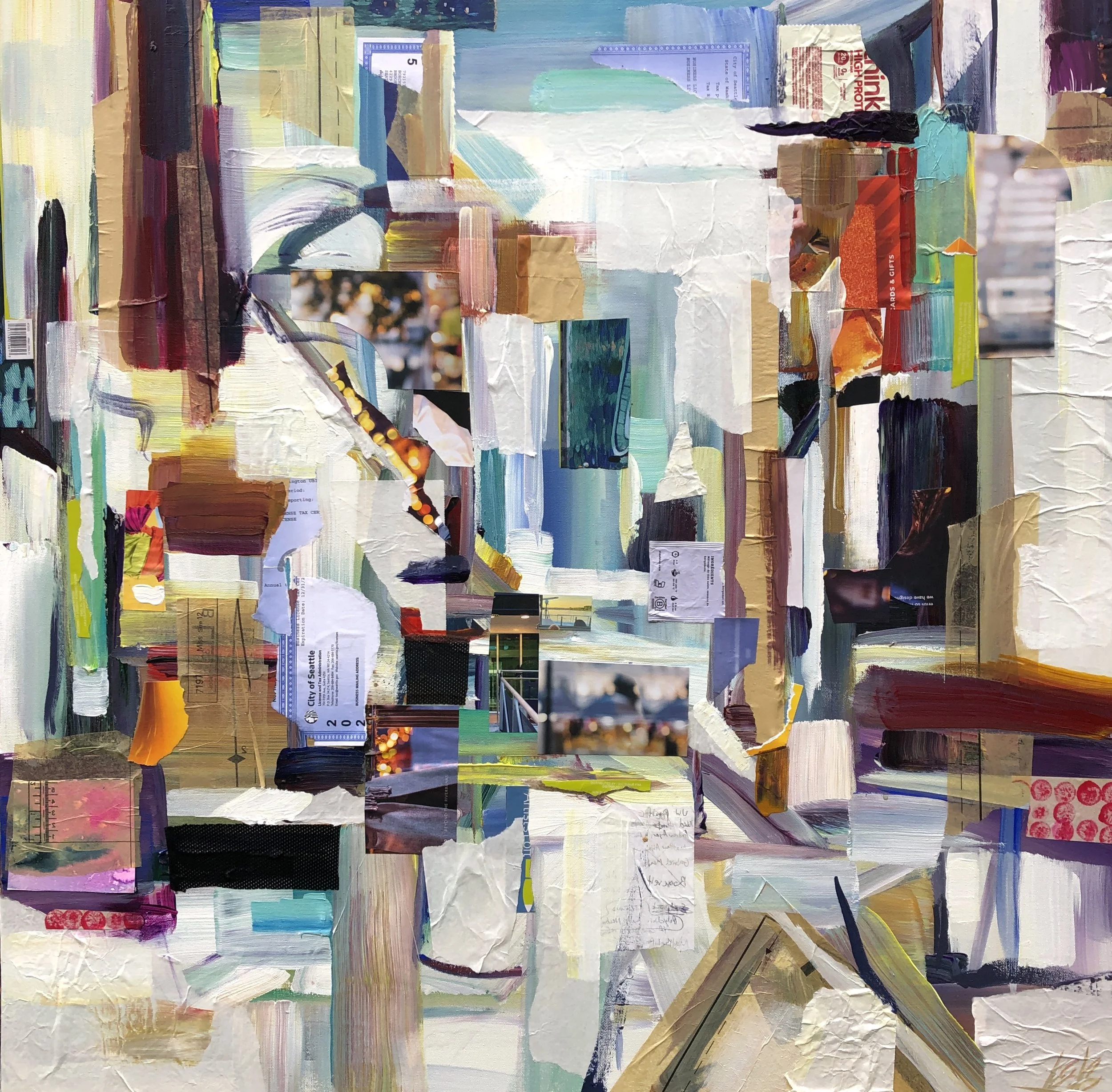 Built From Pieces, 36x36 acrylic mixed media collage on 1.5" canvas, $2900