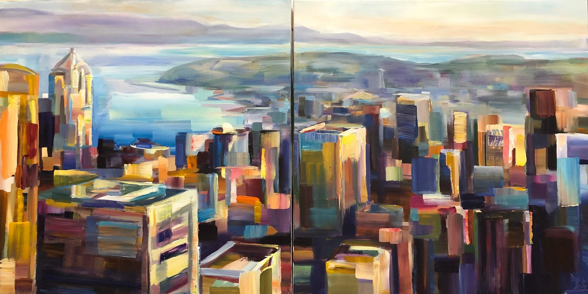 Seattle Flight, 36x72 acrylic diptych on two 36" square 1.5" deep canvases, $5200