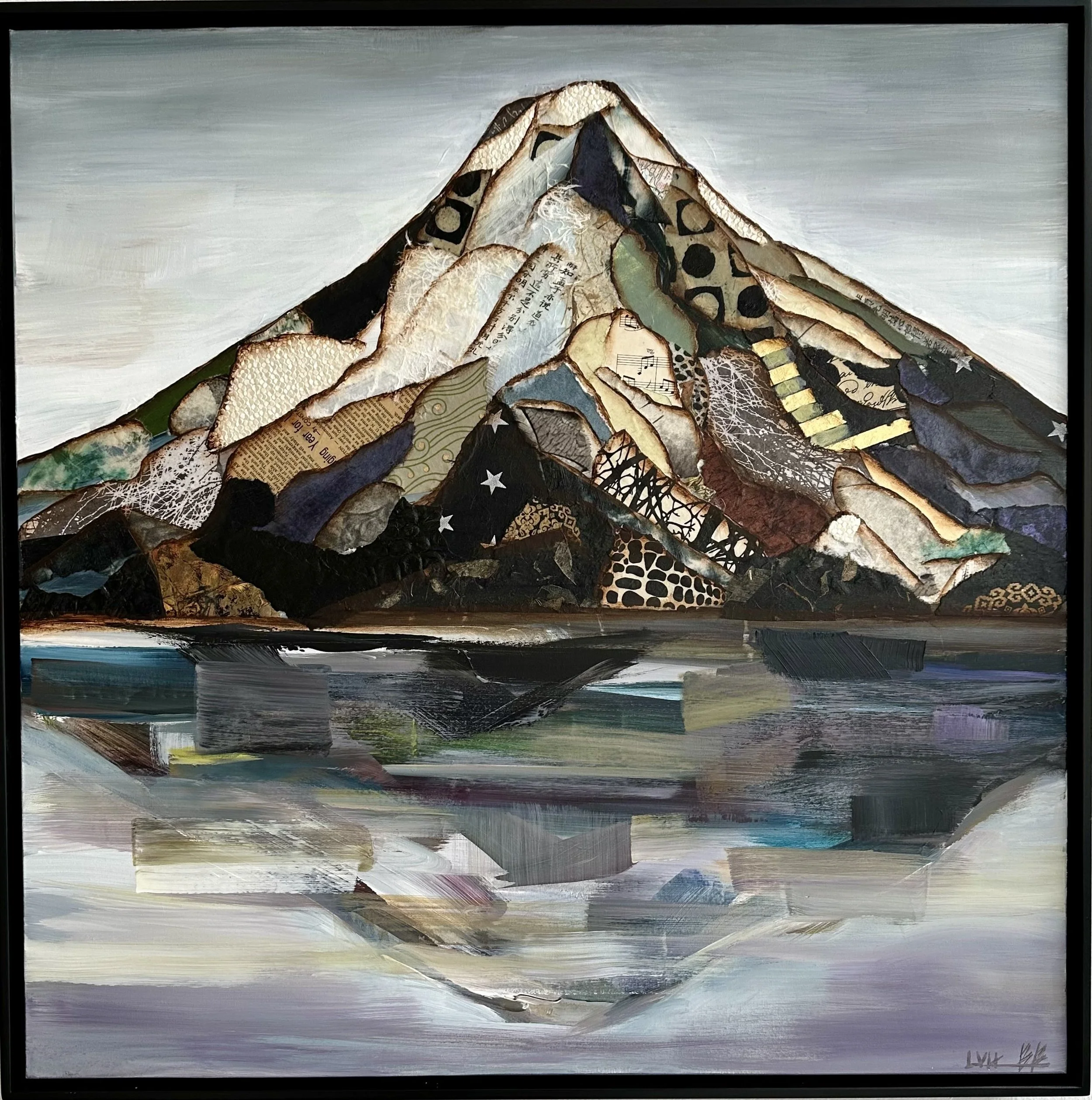 Hood in Reflection, 30x30 acrylic & collage framed, $2400 (Available at Gray Sky Gallery)