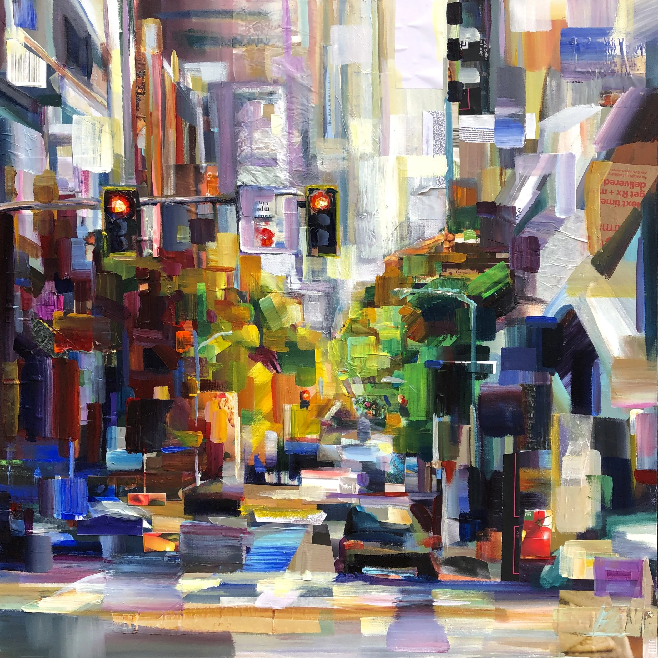 Urban Vibrations, 36x36 Acrylic mixed media Collage on 1.5" deep canvas, $2900