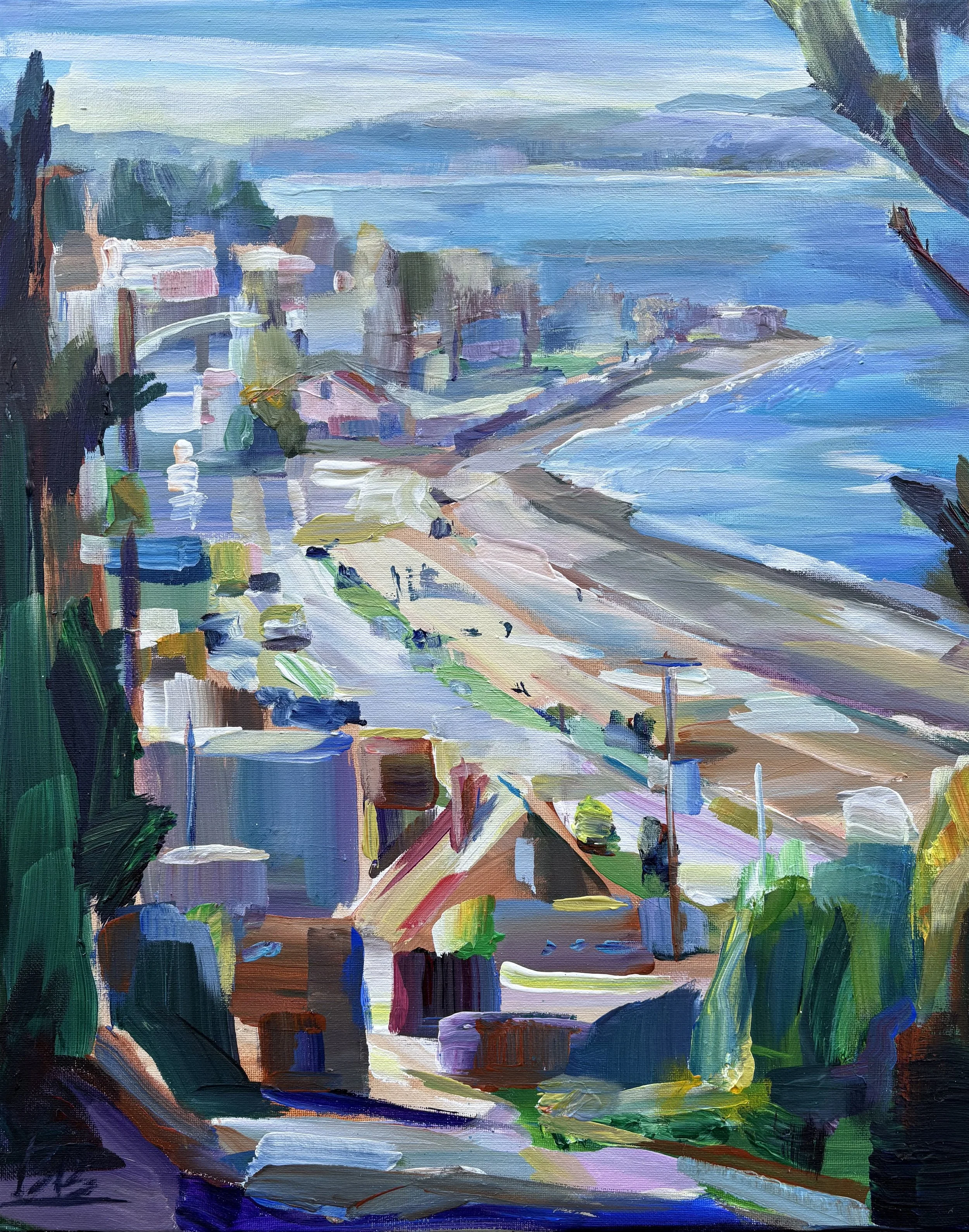 Alki Beach Overlook (Off of Bonair), 20x16 acrylic plein air framed $895