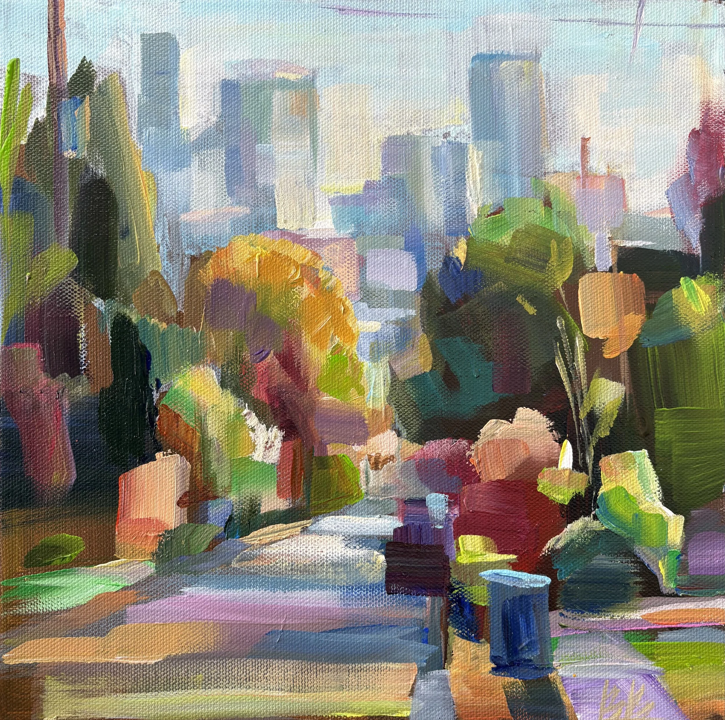 Eve in Spring, 10x10 acrylic plein air, framed $425