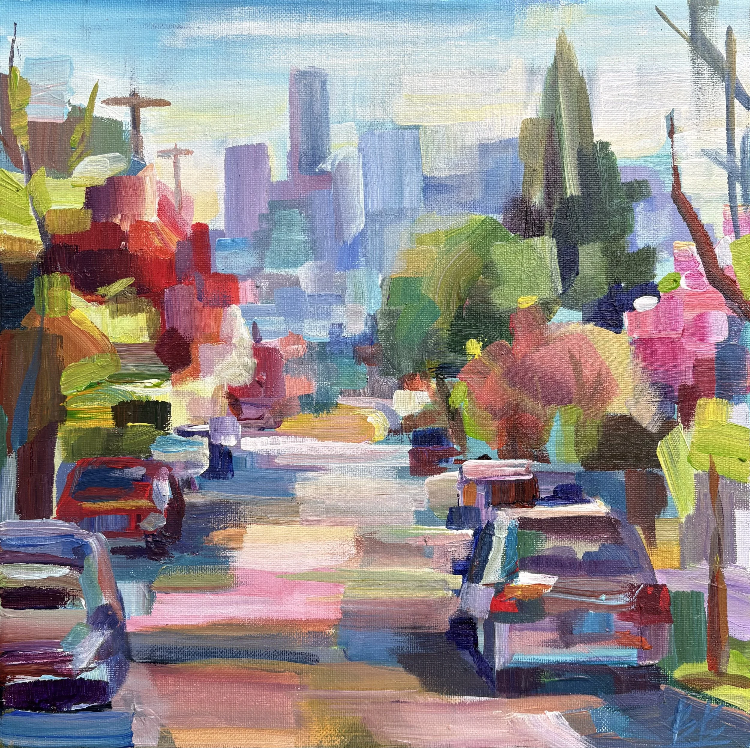 City in Spring, 12x12 acrylic plein air, framed $495
