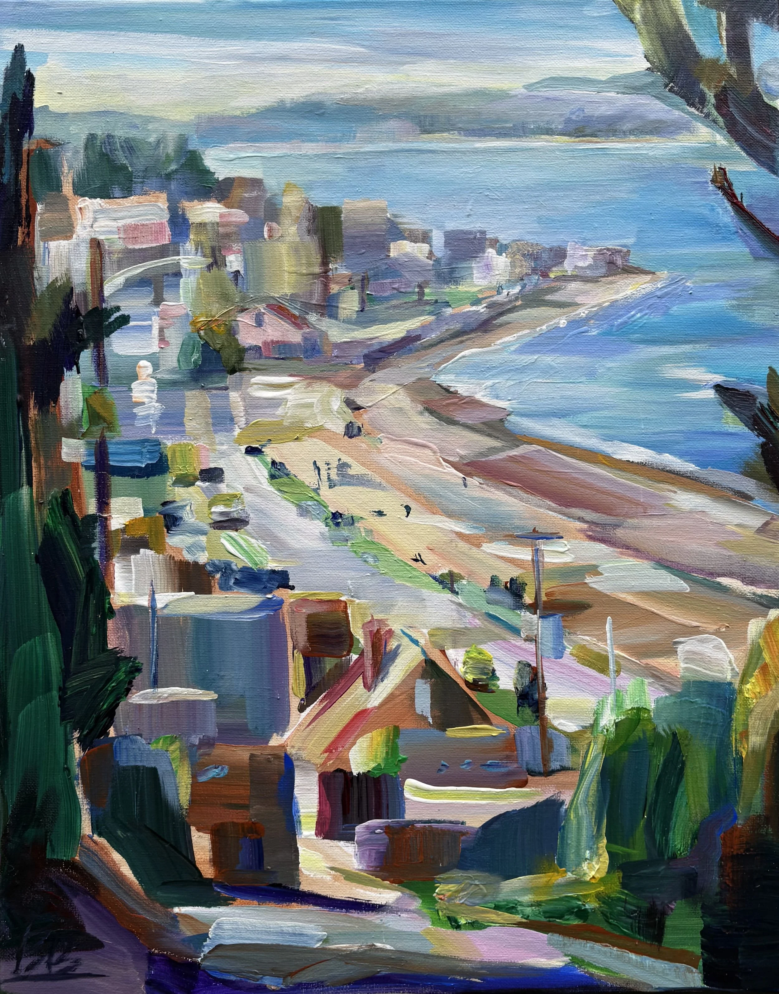 Alki Beach Overlook (Off of Bonair), 20x16 acrylic plein air framed $895