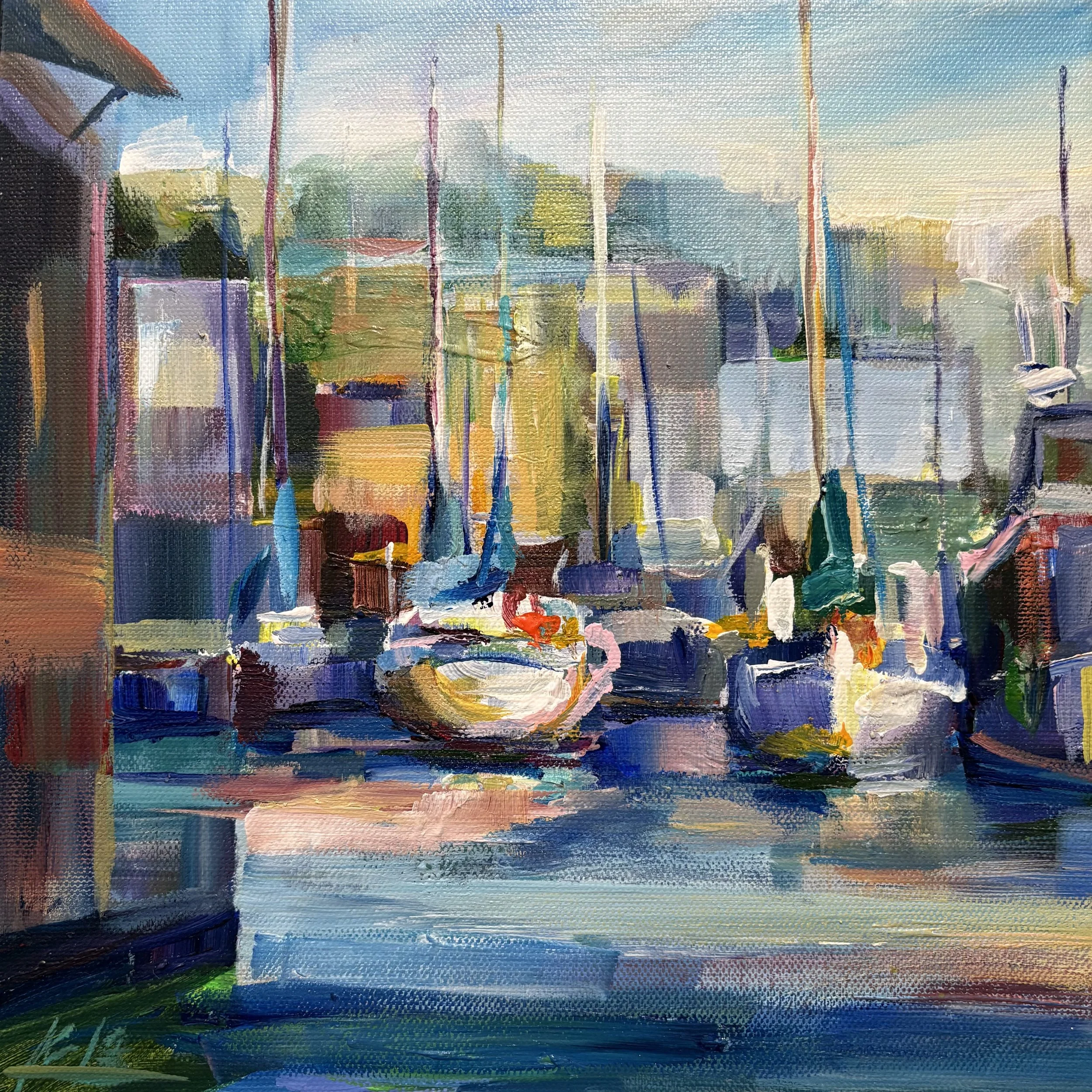 Boats by the Burke, 10x10 acrylic plein air, framed $425