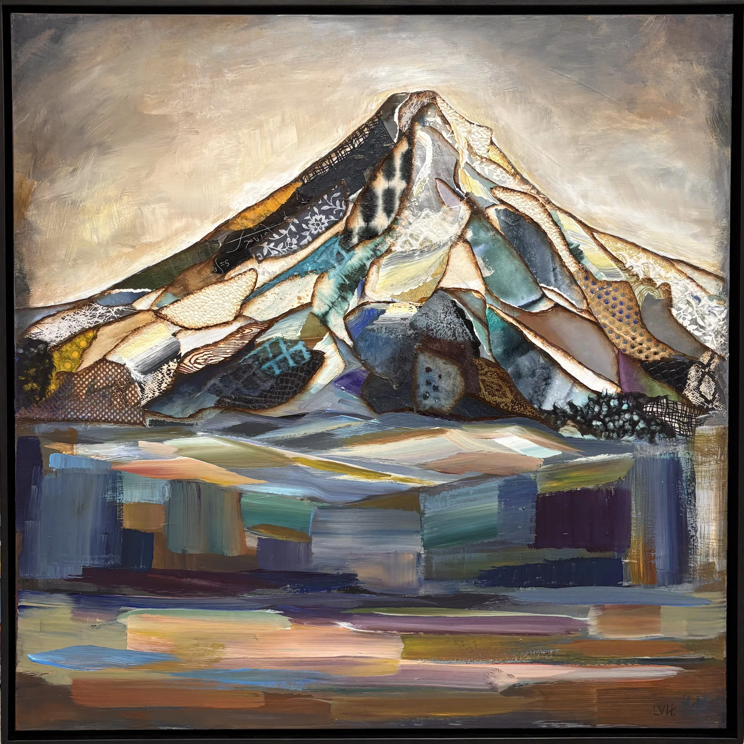 Memories of Mt.Hood, acrylic & collage framed, $2400 (Available at Gray Sky Gallery)