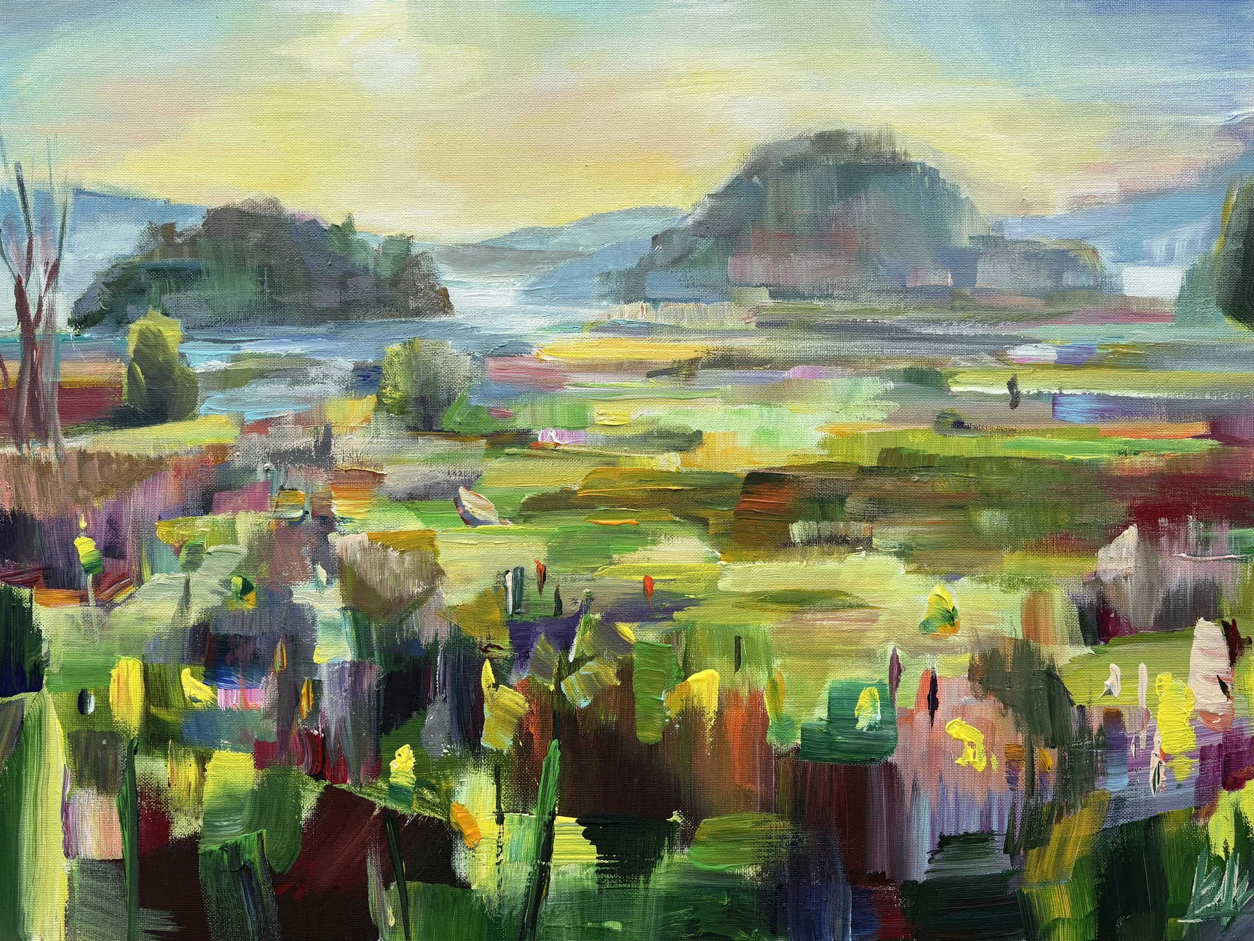 Skagit in Yellow, 18x24 acrylic plein air framed $1400