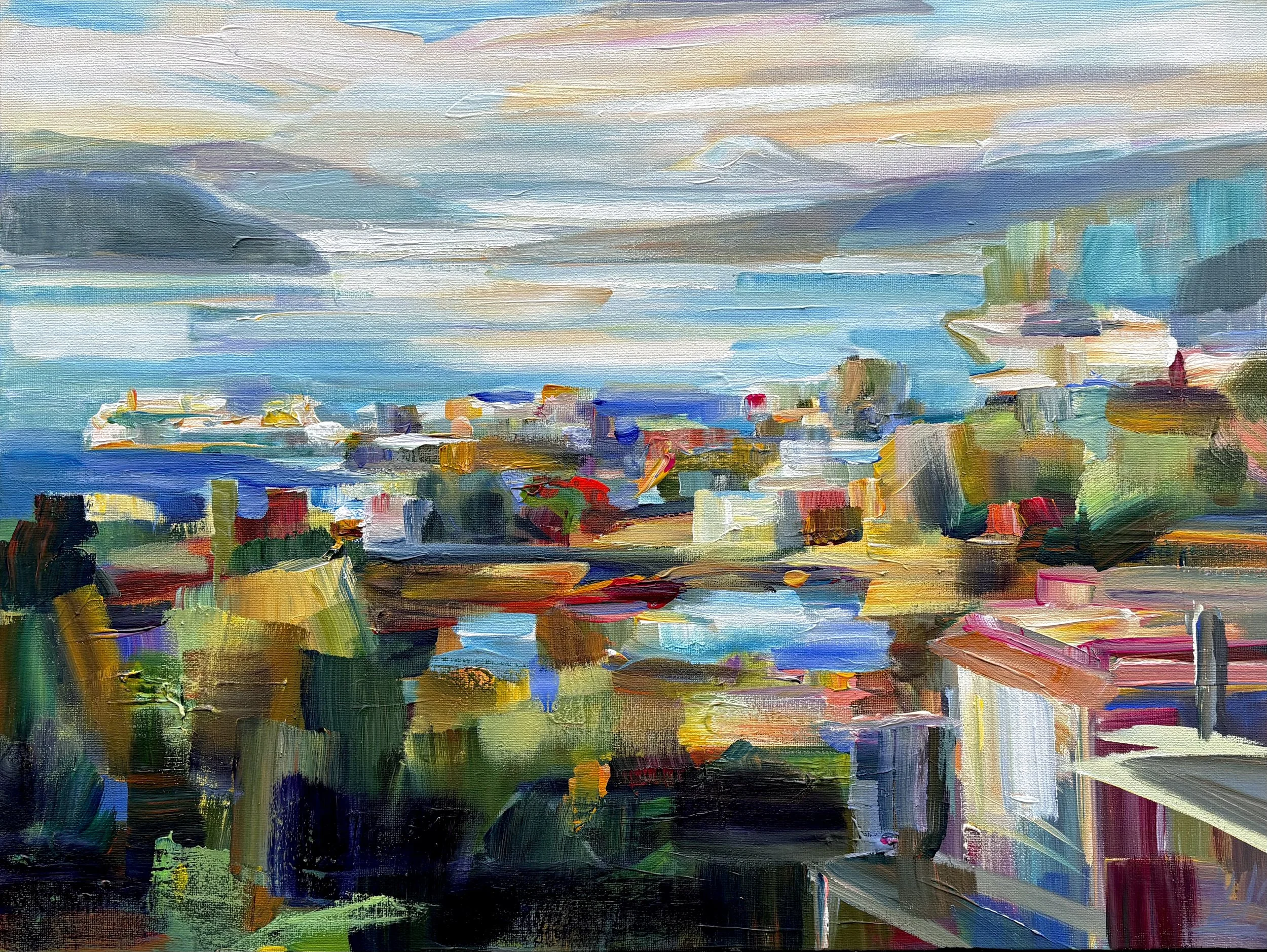Summer's Setting Over Edmonds, 18x24 acrylic plein air Framed, $1250 (Available at Venue, Ballard)