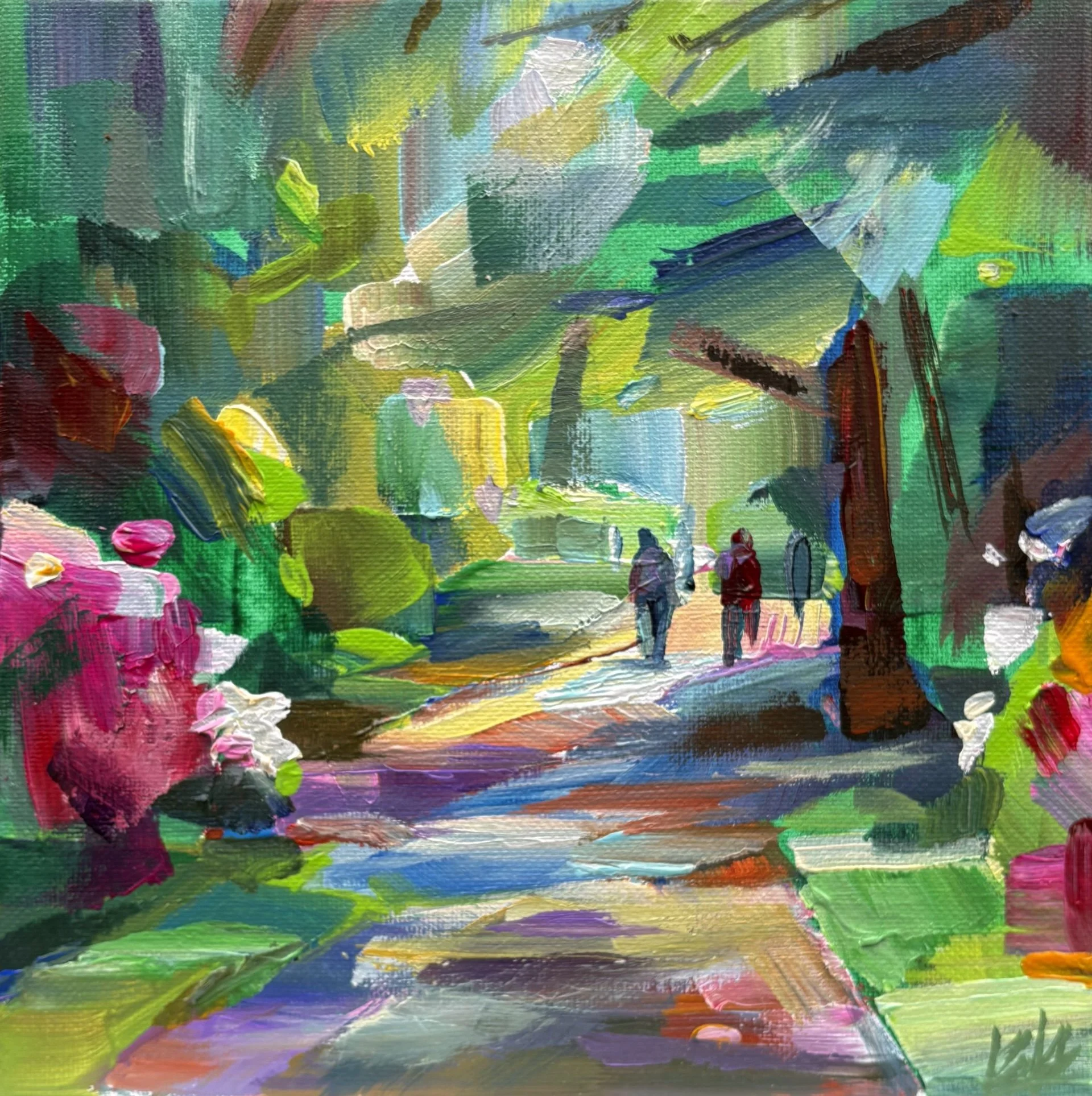 Arboretum Stroll 8x8 acrylic plein air framed, $350