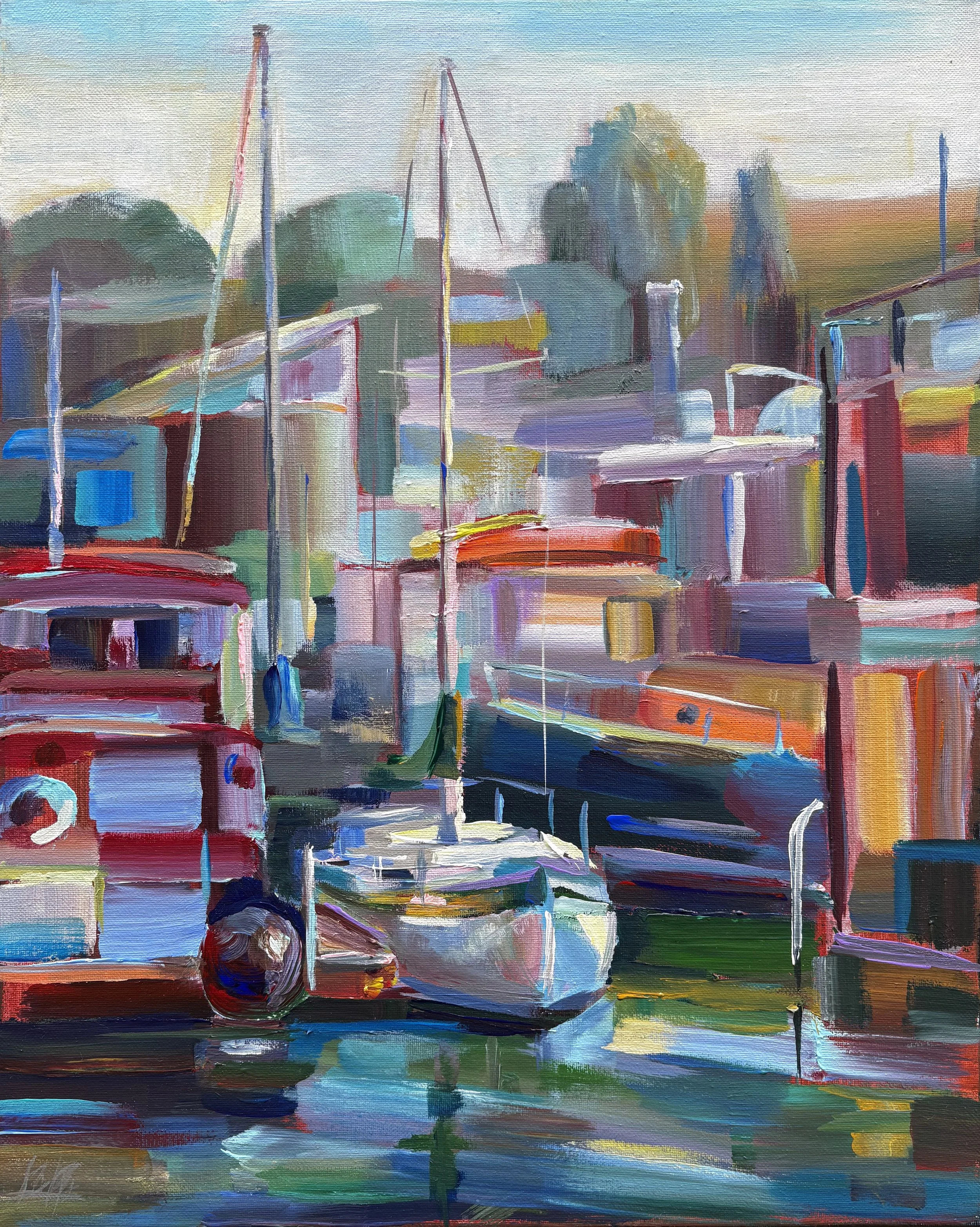 Nestled By House Boats, 20x16 acrylic plein air framed $950
