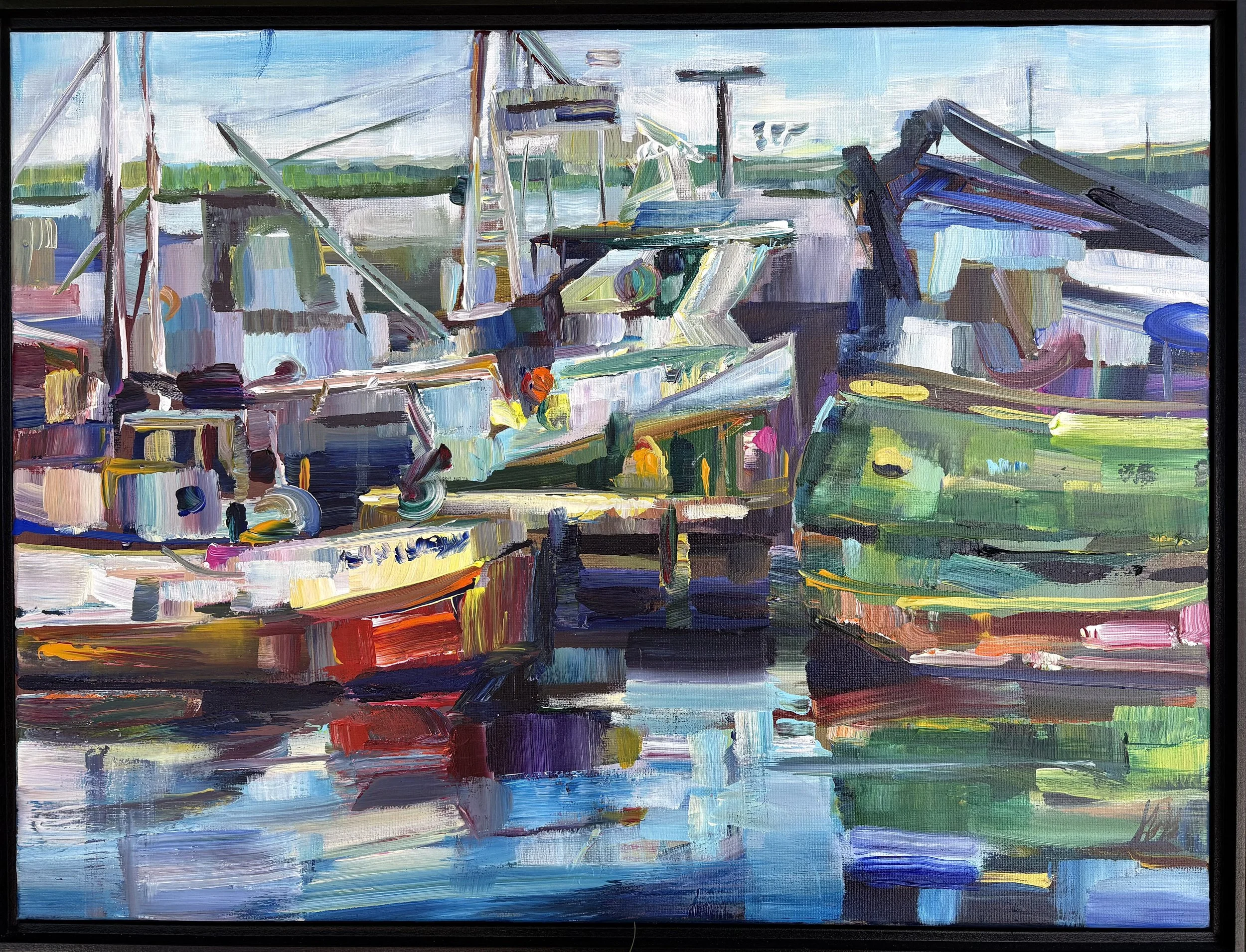 Fisherman's Terminal Reflections, 18x24 acrylic plein air framed $1400