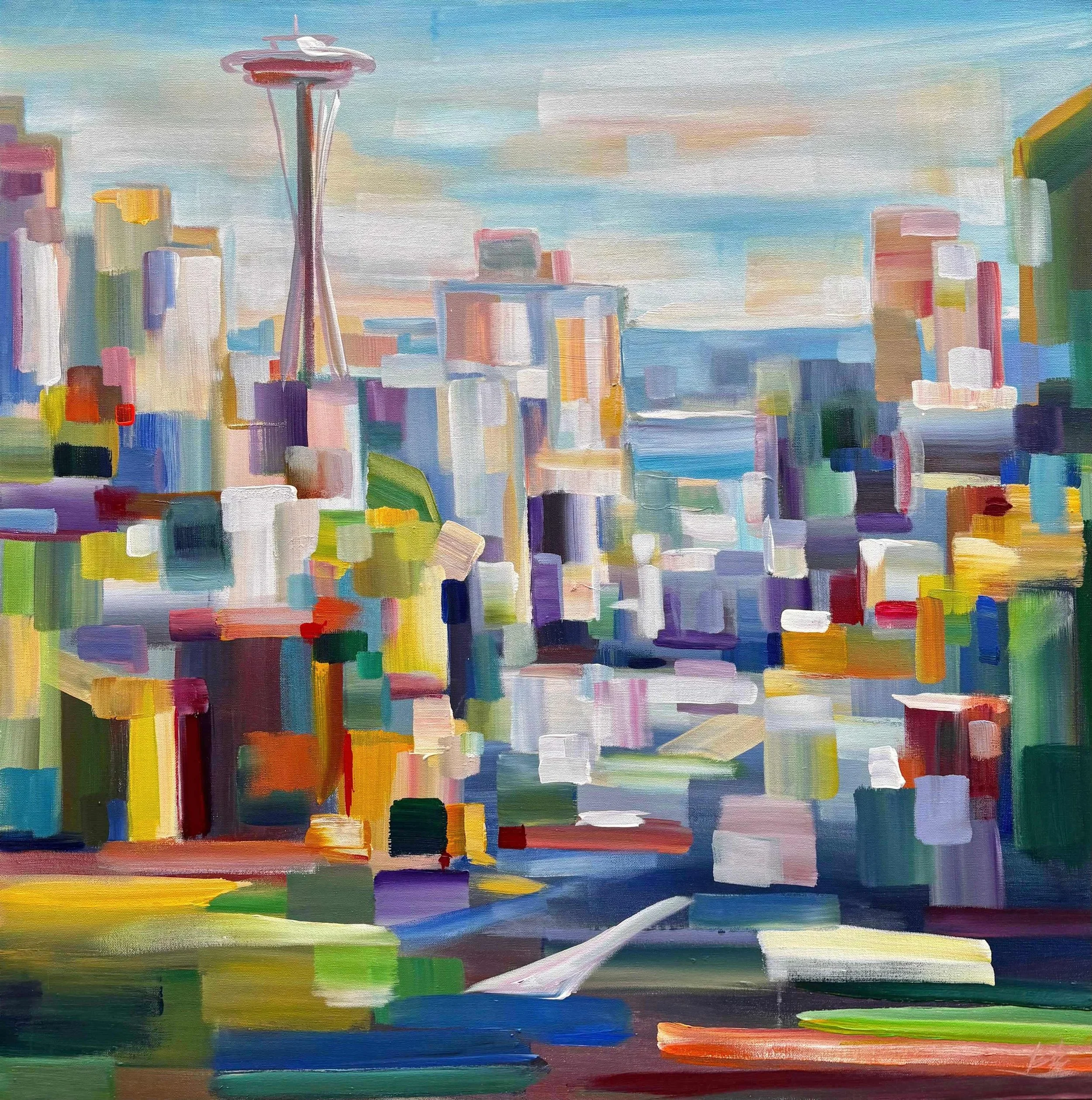 Spring in the City, 36x36 acrylic, $2900 (Available at Gray Sky Gallery)