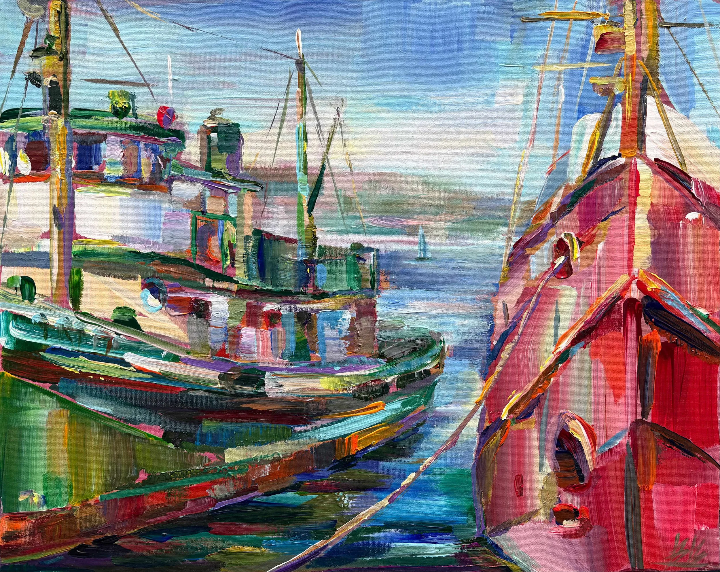 MOHAI Boats 3, 16x20 acrylic plein air framed, $950