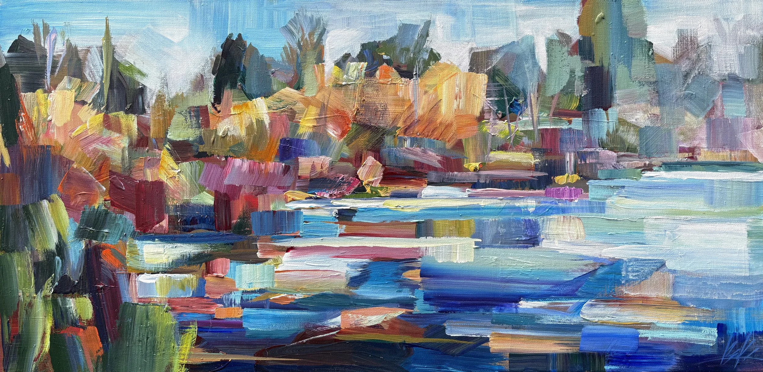 Lakeside Gestures, 15x30 acrylic framed, $1250