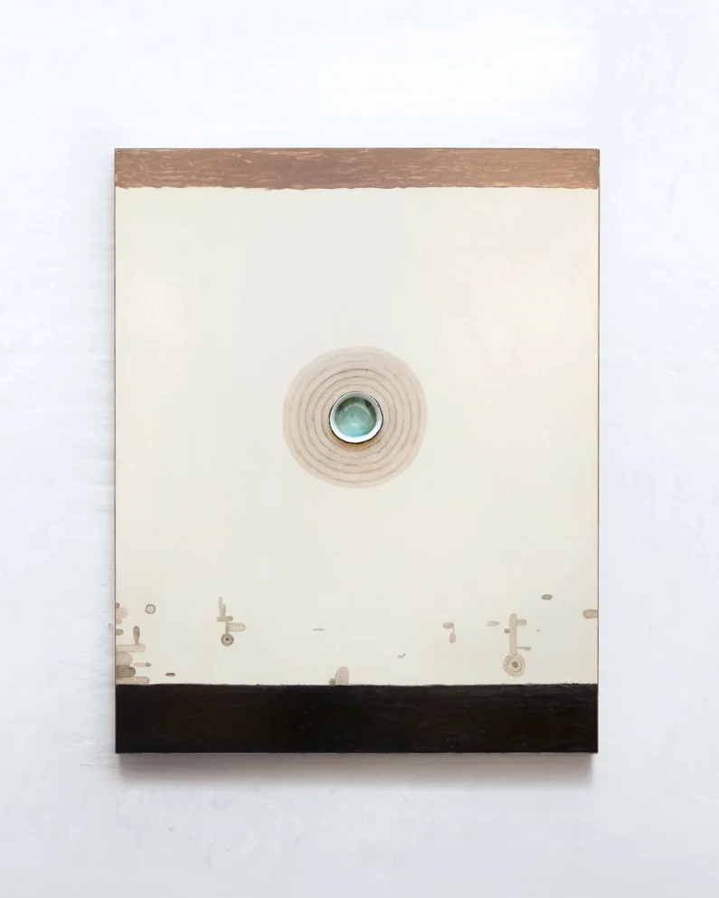 Untitled - 2014 50" x 40", milk paint on wood, with glass medallion, pigments, and oil paint all made from incinerated IKEA mirror