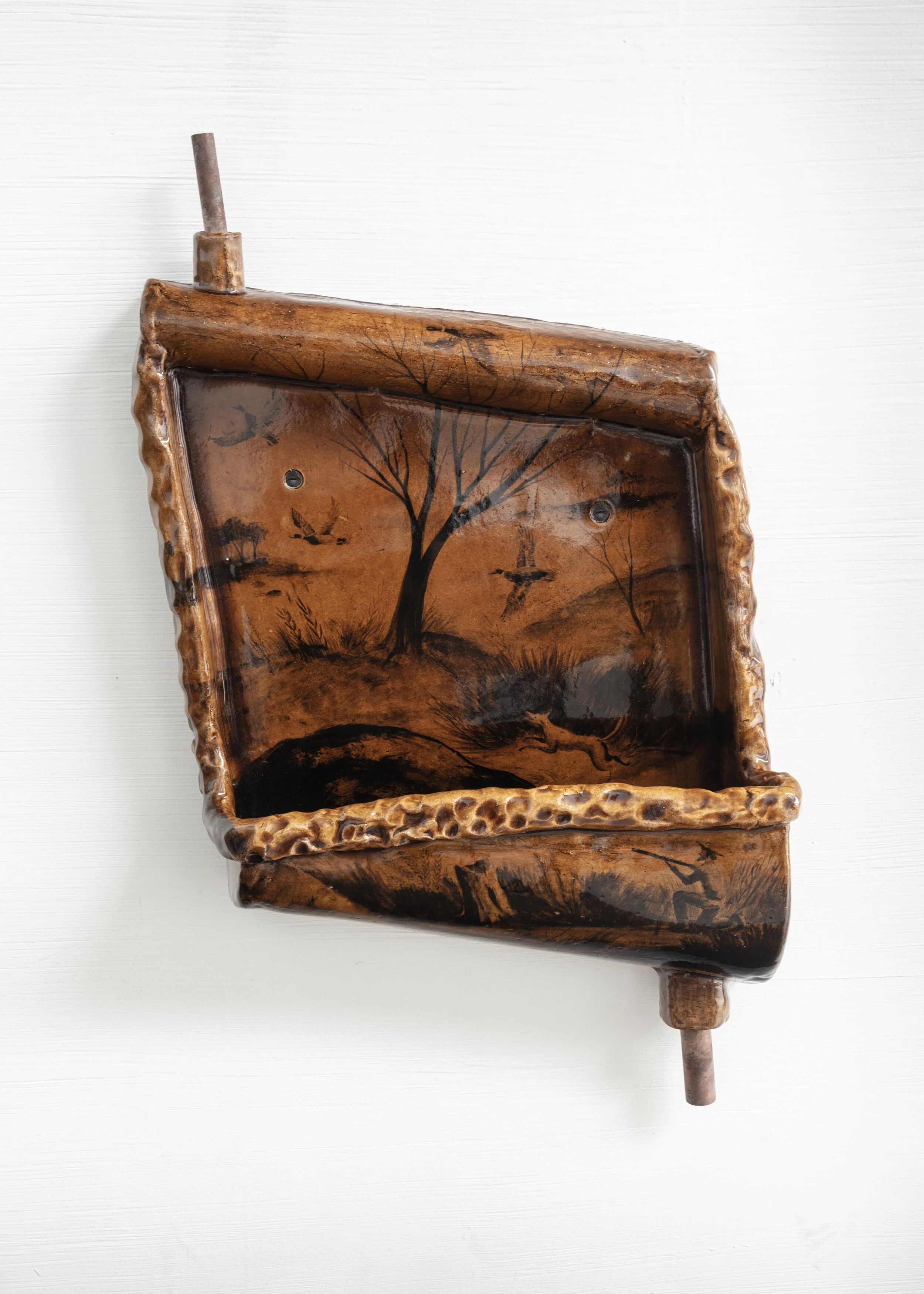 Pheasant Hunt , 2019 glazed ceramic, copper 37 1⁄2 × 20 1⁄2 × 6 1⁄4 ins