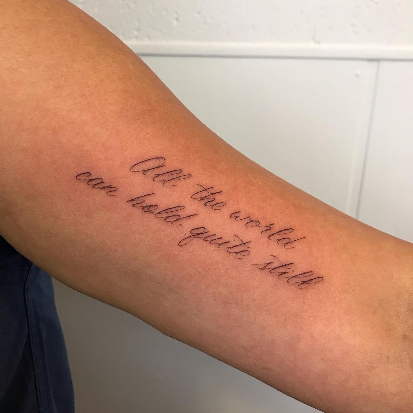 Quote from a beloved children&rsquo;s book. Custom script, adelaide-style 
Thank you, Vicki! 
 
Made at my private studio @rabbiteartattoo in West Philly
 
#nofilter #justinturkustattoos #rabbitear #singleneedle #singleneedletattoo #singleneedletatto