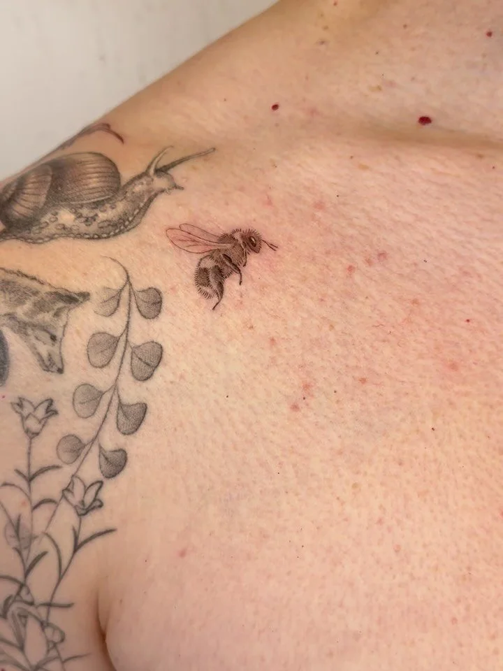 40 hours over 12 sessions so far on this sleeve. This time we added: a cicada casing, an eft (newt), a bee, and an orb spider. It&rsquo;s been awesome to work on this with my friend Brooks, who travels from New York State each time. More to come. Tha