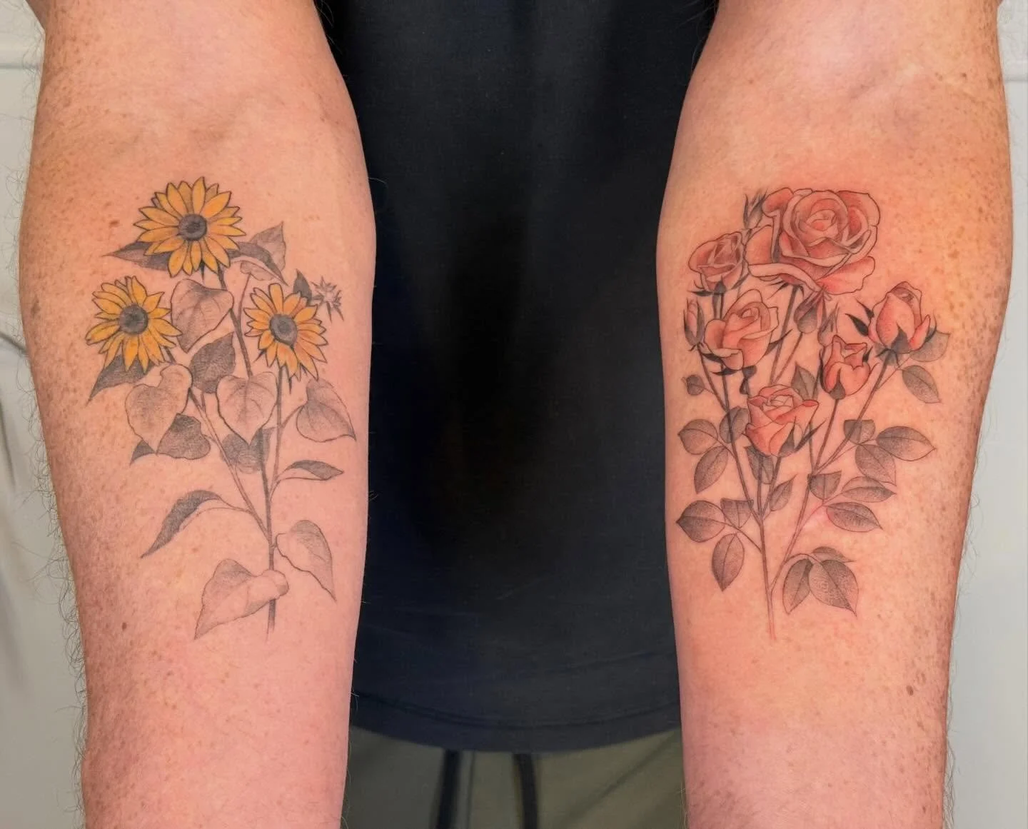 Healed sunflowers, fresh roses. His first tattoos. I generally tattoo with black and grey, but occasionally I am prompted to use some color, and I really like how it works. Thank you very much, Sam!

#nofilter #rabbitear #philadelphiatattooartist  #f
